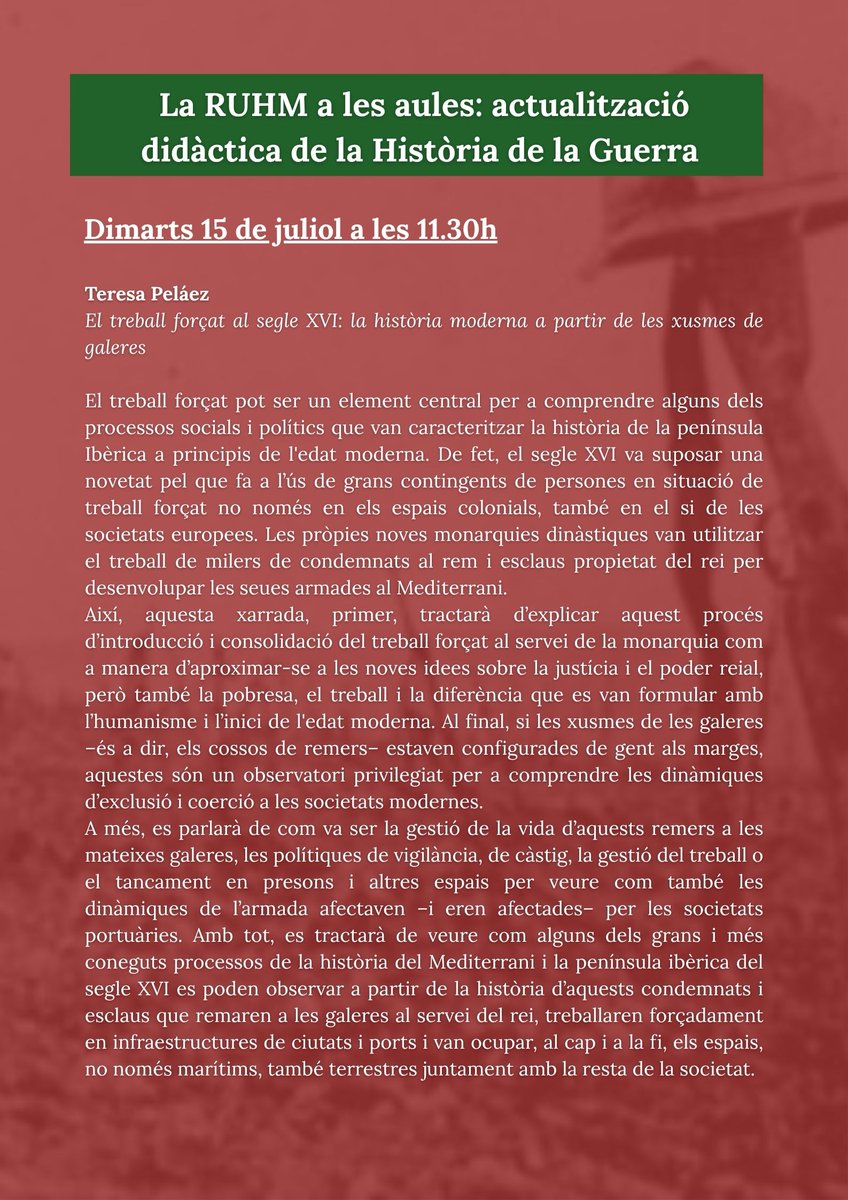 🎓 Quarta sessió del seminari "La RUHM a les aules"

Teresa Peláez ens parlarà del treball forçat al segle XVI a través de les xusmes de galeres ⚓️

Una aproximació històrica i didàctica a un fenomen clau de l’època moderna 👇