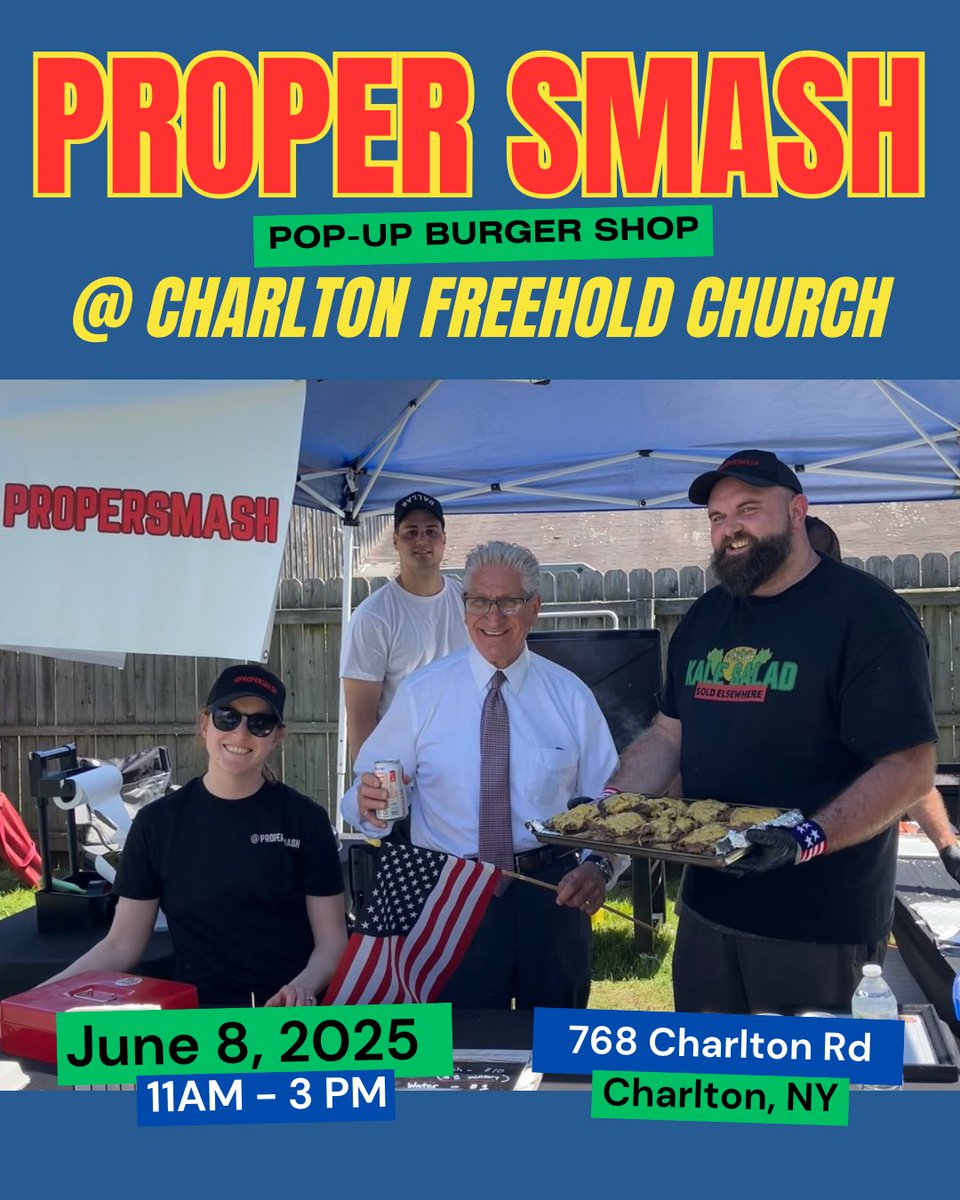 ProperSmash_'s tweet photo. Find us on Founders Day!  

Sunday, June 8th - New location!  

The church will also be selling hot dogs and pies and @mindfulcommunityny will be hosting games for the whole family!  Bring your lawn chairs and join us for the parade at 2pm!
#popupburgershop #foundersday #burgers https://t.co/yhnBwkv52V