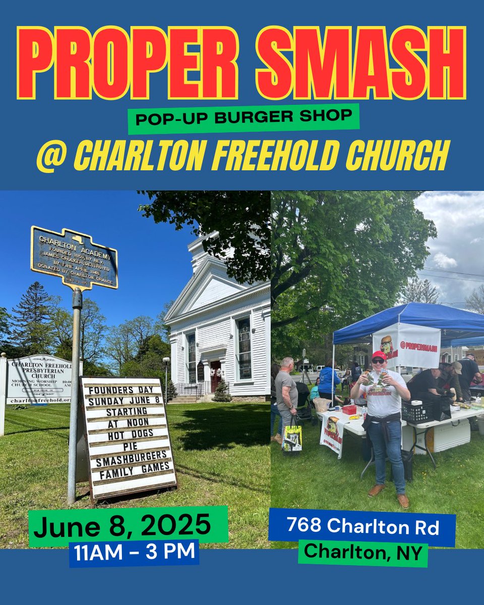 ProperSmash_'s tweet photo. Find us on Founders Day!  

Sunday, June 8th - New location!  

The church will also be selling hot dogs and pies and @mindfulcommunityny will be hosting games for the whole family!  Bring your lawn chairs and join us for the parade at 2pm!
#popupburgershop #foundersday #burgers https://t.co/yhnBwkv52V