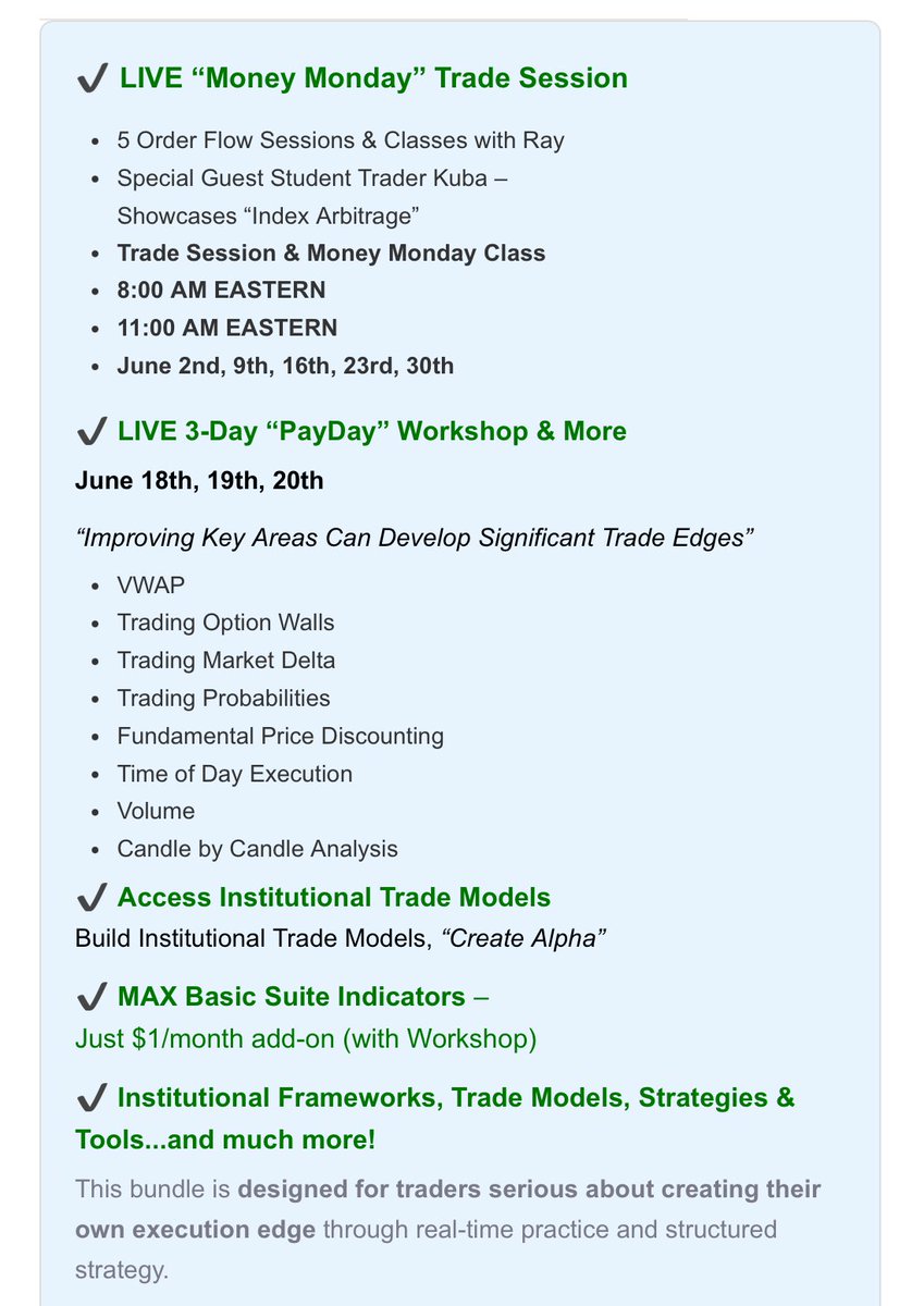CompassFX (Ray) is doing a series of workshops: - order flow and index  arbitrage (5 days) - VWAP, option walls, market delta, etc. (3 days) -  Bonus institutional framework and smart money