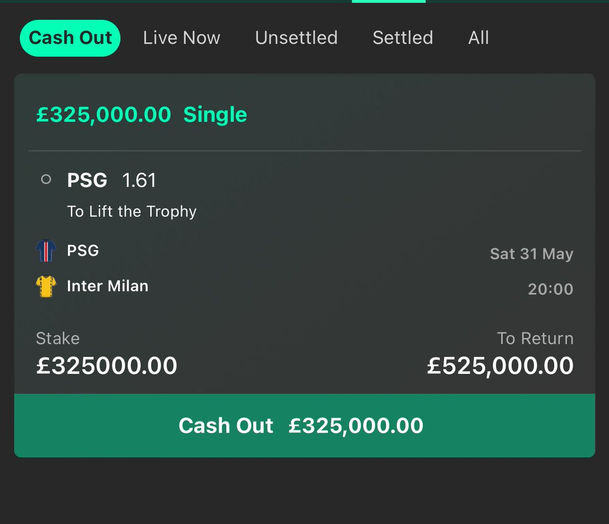 JulianMKD's tweet image. MY BIGGEST EVER BET 💵

Champions League Final Bet

PSG vs Inter Milan 

If this wins I’ll giveaway £20,000 to one person that LIKES this tweet ❤️ 

(Must be following me to enter)