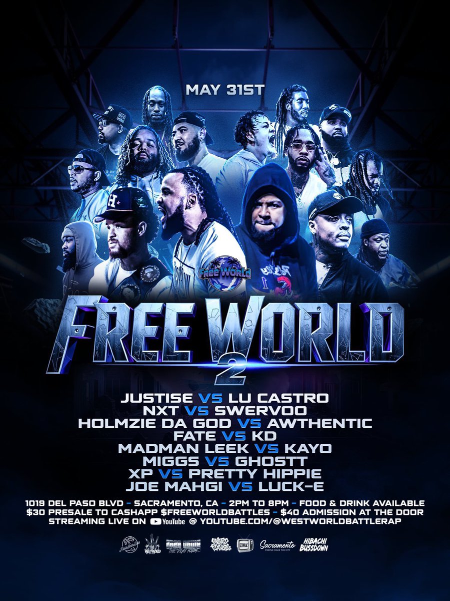 TODAY ! 2 PM | <a href="/RTWestWorld/">West 🌎</a> 
FREE WORLD 2 • SACRAMENTO 
LIVE STREAM ON YOUTUBE / WESTWORLD BATTLE RAP 

Mad I can’t be in the building for this one, but the homies bout to go the fuck up 💪🏽 Im watching 🔥