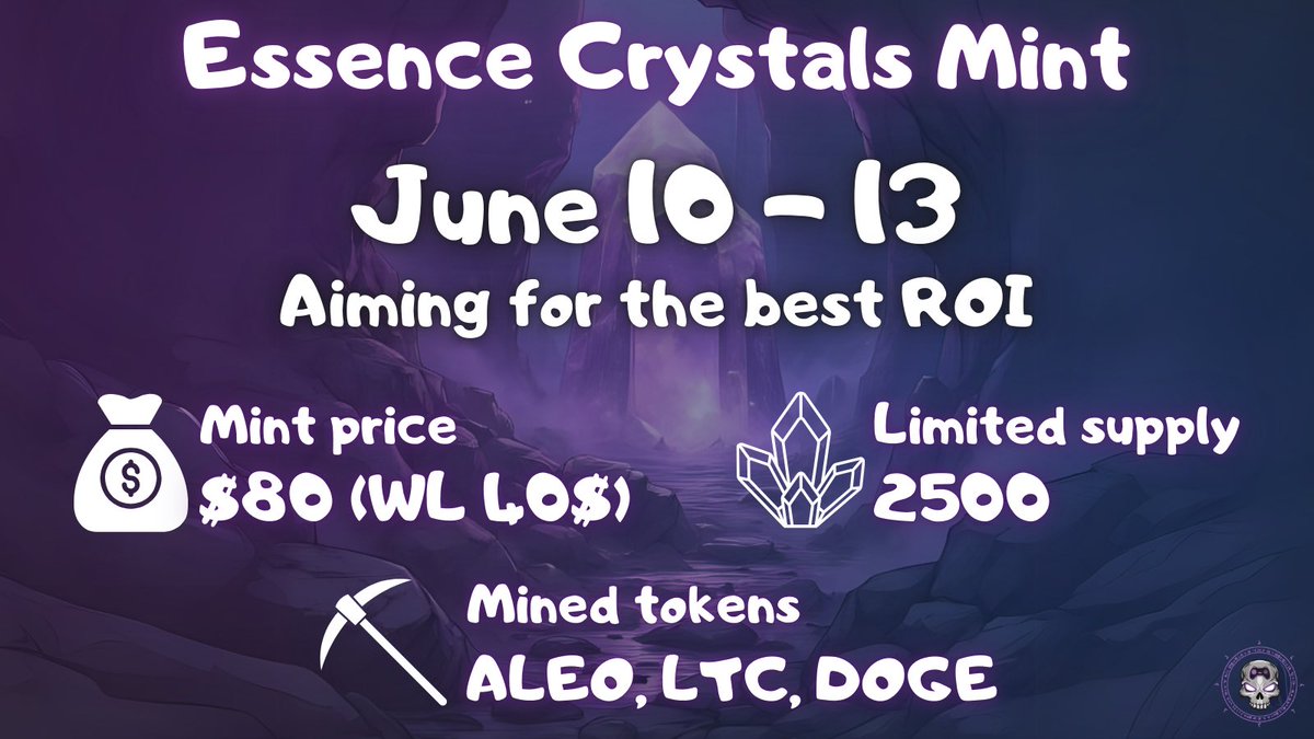Don’t miss the Essence Crystals mint from <a href="/necroleague/">Necro League</a> on 6/10!

I’m very excited to see the rewards from this!👀

💀<a href="/NeoVikingsADA/">Neo Vikings $NV</a> will facilitate the miners!🔥💪

💀Reward:
Essence holders 80%
Maintenance 10%
Necro League Treasury 5%
Tireless Workers  5%