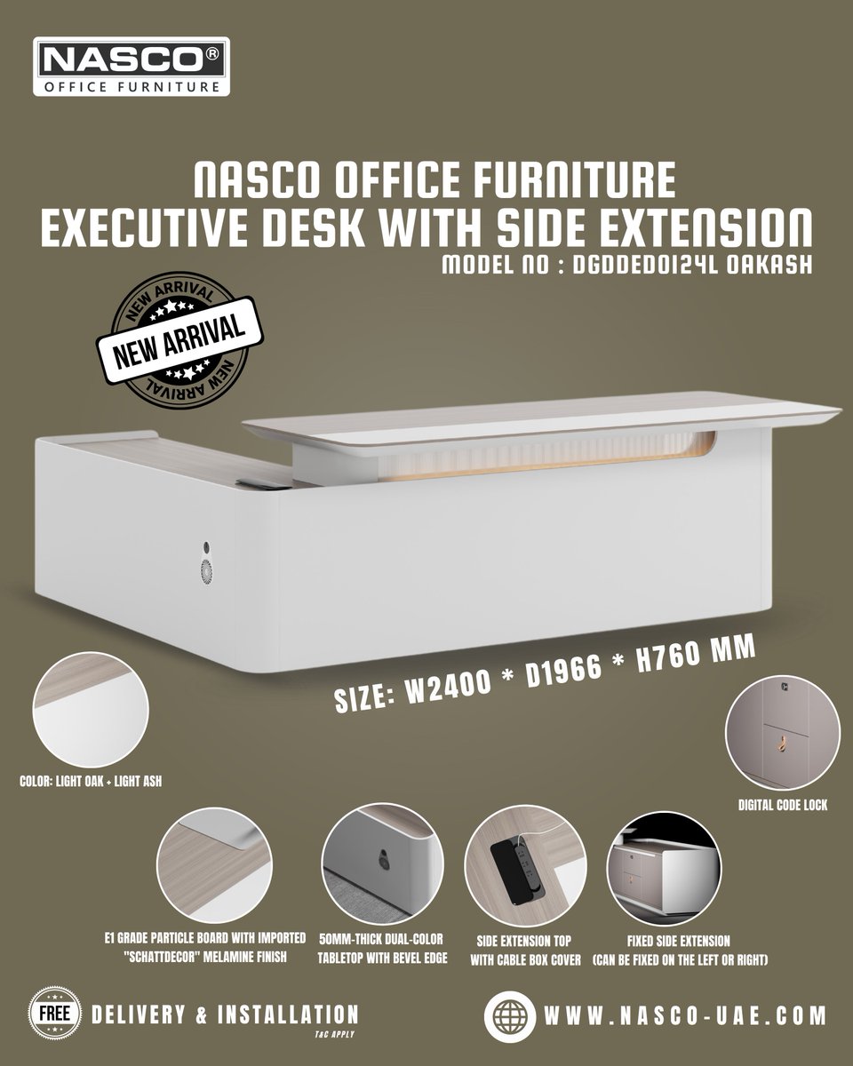 nascofurniture's tweet photo. Product: Nasco Executive Desk with Side Extension
Model No : DGDDED0124L OAKASH
Dubai ( Deira ) : 042669280
Bur Dubai ( Karama ) : 043367122
Abu Dhabi: 026339591
Al Ain: 037211299
Sharjah: 065749030
#officefurniture #furniture #nasco #table #executivedesk #desk https://t.co/zXNGx0j49d