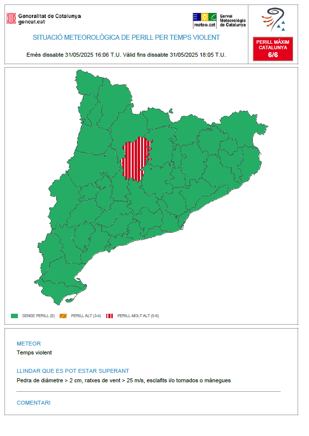 ⚠ El Servei Meteorològic de Catalunya emet avís per temps violent (#avisosSMP) ⚠

➡ Dv. 18:05 h a 20:05 h
➡ Possibilitat de pedra de diàmetre > 2 cm, ratxes de vent > 25 m/s, esclafits i/o tornados o mànegues.
➡ Grau de perill màxim: 🔴 6/6

Hora local (h) = TU+2