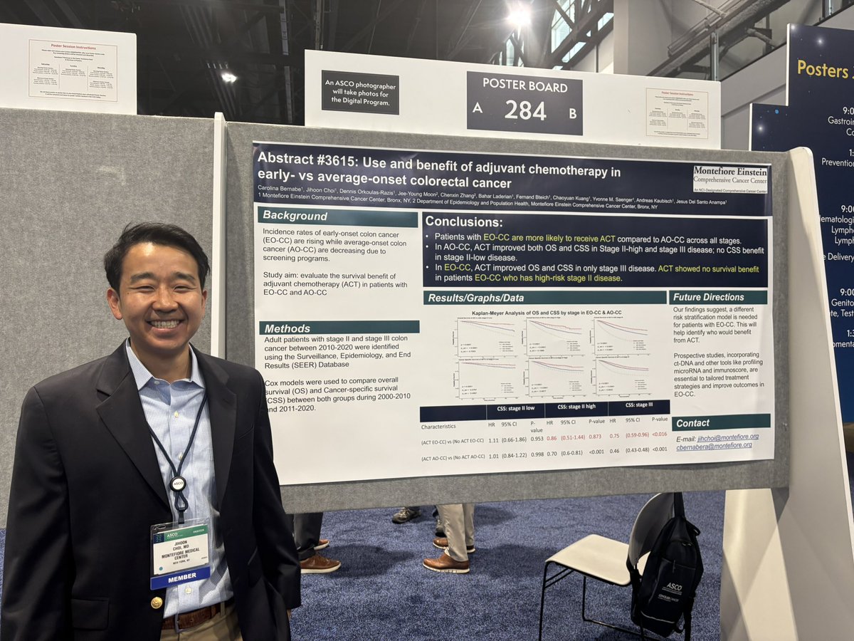 MonteHemeOnc's tweet photo. Congratulations to  @BernabeCarolina and our second year fellow John Choi for their presentation on adjuvant chemotherapy use in early onset colorectal cancer🤩🤩

#coloncancer #cancerprevention #earlyonset #ASCO2025 https://t.co/iz4pA6OhJz