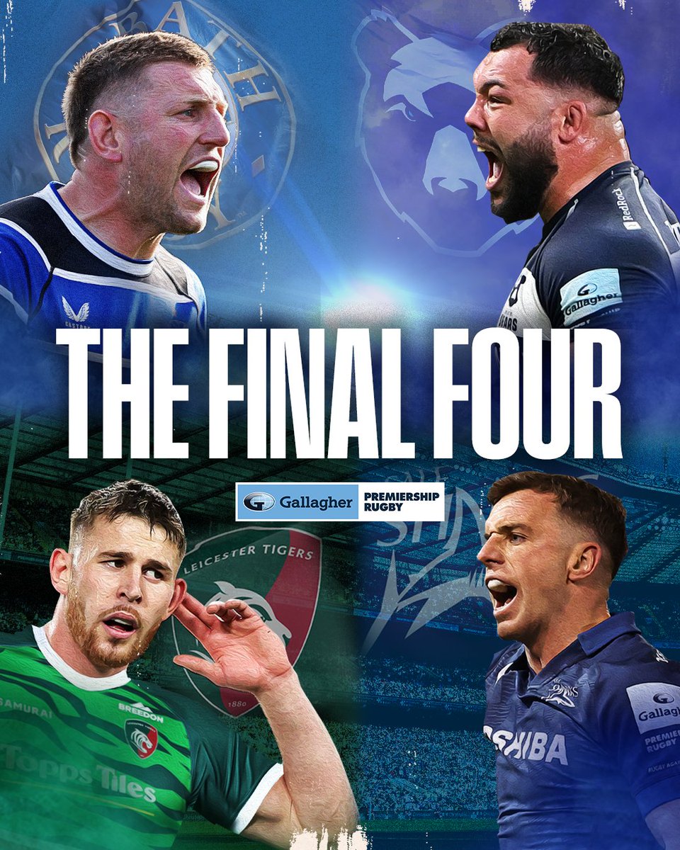Premiership Rugby (@premrugby) on Twitter photo The Final Four! 💪
Bring on the Play-Offs! 😍
<a href="/BathRugby/">Bath Rugby</a> v <a href="/BristolBears/">Bristol Bears 🐻</a>, Friday 6 June 7.45pm
<a href="/LeicesterTigers/">Leicester Tigers</a> v <a href="/SaleSharksRugby/">Sale Sharks 🦈</a>, Saturday 7 June 3.30pm
#GallagherPrem The Final Four! 💪
Bring on the Play-Offs! 😍
<a href="/BathRugby/">Bath Rugby</a> v <a href="/BristolBears/">Bristol Bears 🐻</a>, Friday 6 June 7.45pm
<a href="/LeicesterTigers/">Leicester Tigers</a> v <a href="/SaleSharksRugby/">Sale Sharks 🦈</a>, Saturday 7 June 3.30pm
#GallagherPrem