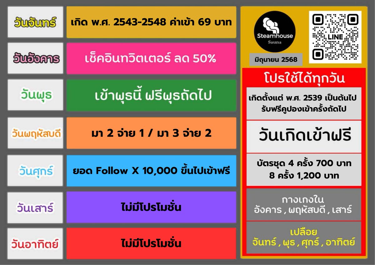 โปรโมชั่นประจำเดือนเริ่มตั้งแต่ มิถุนายน 2568
Line ID : <a href="/SteamHouseSauna/">สตีมเฮ้าส์ซาวน่า</a>
ร้านเปิดทุกวันคร้าบ เวลา 16.00-23.00 น.  
ทางเข้าอยู่ด้านหลังของ FIT4U Fitness ชั้น 4  
แผนที่ google.com/maps?q=13.9607…