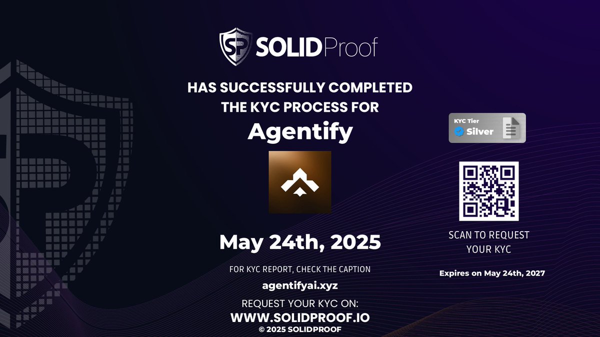Agentify (@agentifyxyz) on Twitter photo We're thrilled to announce that we just got kyc verified by <a href="/solidproof_news/">SolidProof.io Daily</a>
We're officially a KYC Silver Tier project now.
This means a lot to us, as it reflects our commitment to transparency and security in our community.
A heartfelt thanks to Solidproof for guiding us We're thrilled to announce that we just got kyc verified by <a href="/solidproof_news/">SolidProof.io Daily</a>
We're officially a KYC Silver Tier project now.
This means a lot to us, as it reflects our commitment to transparency and security in our community.
A heartfelt thanks to Solidproof for guiding us