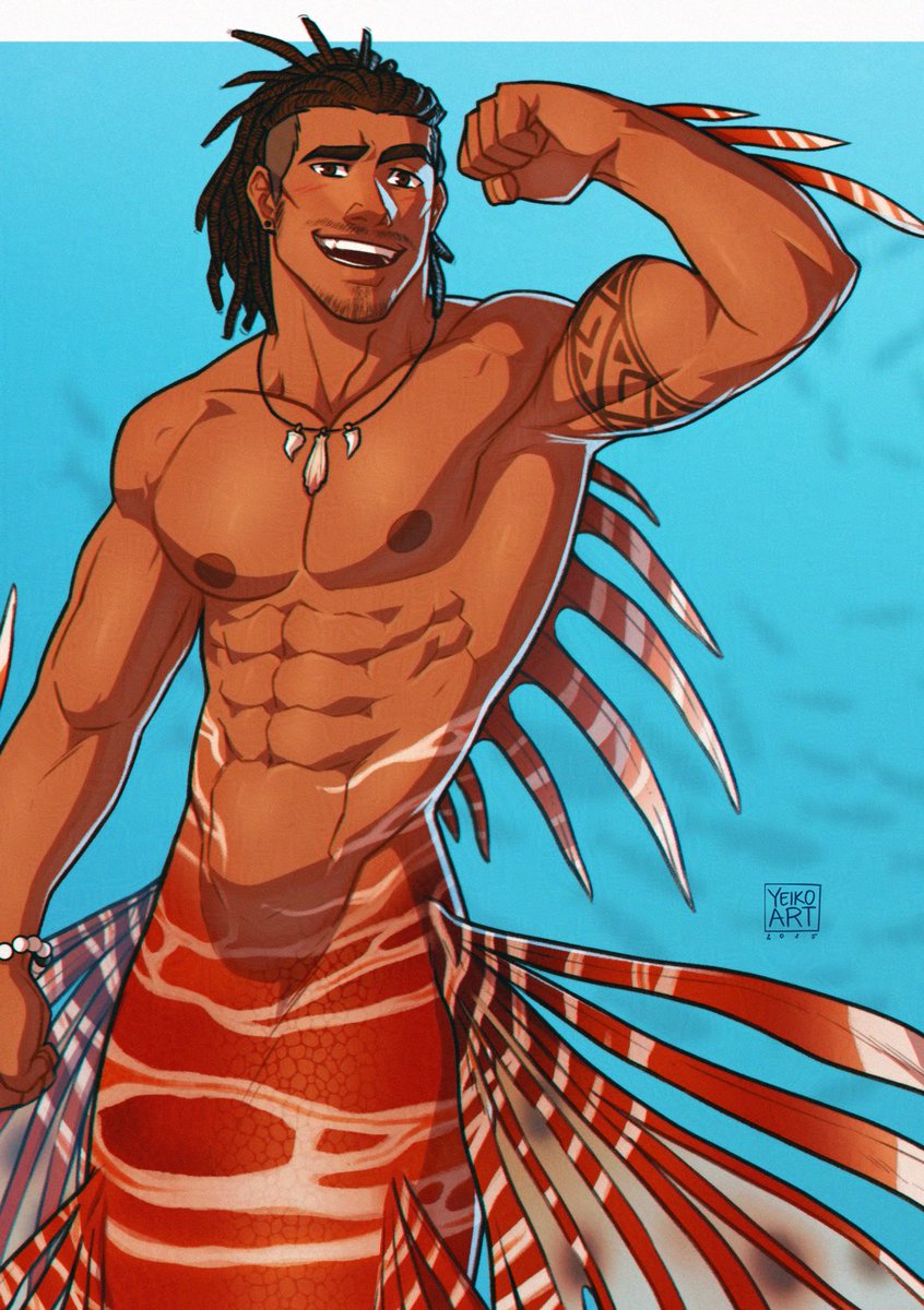 yeiko_art's tweet image. I made it! I was able to at least work on one #Mermay illustration this year! Lion-fish Daniel looks quite handsome flexing those muscles, doesn't he? 👀
#OC #Challenge
Please consider supporting my work on P4tr30n and get early access to illustrations and NSFW art! Thanks! 💖