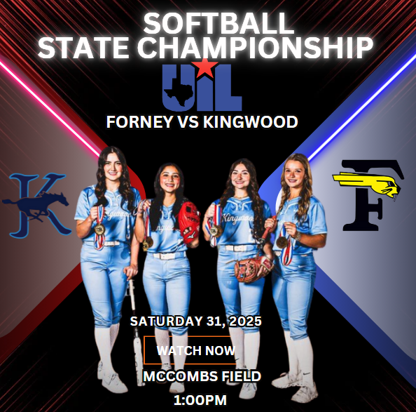 Texas UIL SPORTS (@texasuil_sport) on Twitter photo 🏆🥎 STATE CHAMPIONSHIPS🏆
Forney vs Kingwood
📺 bit.ly/3SLskH6
📅 Saturday 31
⏰ 1p.
<a href="/KingwoodSB/">Kingwood HS Softball</a> <a href="/HumbleISD_KHS/">Kingwood High School</a> <a href="/HumbleISD_Ath/">Humble ISD Athletics</a> <a href="/KWCoachMel/">Cale Melton</a> <a href="/nickylspitz/">Nicky Spitzenberger</a> <a href="/CoachRTurner_/">Reginald Turner II</a> <a href="/gonz5307/">Coach Gonzalez M.Ed</a> <a href="/jokoch09/">Joshua Koch_Humble ISD</a> <a href="/GagliardiMia/">Mia Gagliardi 2025</a> <a href="/MiaNChaires/">Mia Chaires</a> <a href="/Kyates2027/">Kendall Yates</a> <a href="/ElizabethM2026/">Elizabeth Mower</a> <a href="/KHSMustangFBall/">“The Kingwood” Mustang Football</a> 🏆🥎 STATE CHAMPIONSHIPS🏆
Forney vs Kingwood
📺 bit.ly/3SLskH6
📅 Saturday 31
⏰ 1p.
<a href="/KingwoodSB/">Kingwood HS Softball</a> <a href="/HumbleISD_KHS/">Kingwood High School</a> <a href="/HumbleISD_Ath/">Humble ISD Athletics</a> <a href="/KWCoachMel/">Cale Melton</a> <a href="/nickylspitz/">Nicky Spitzenberger</a> <a href="/CoachRTurner_/">Reginald Turner II</a> <a href="/gonz5307/">Coach Gonzalez M.Ed</a> <a href="/jokoch09/">Joshua Koch_Humble ISD</a> <a href="/GagliardiMia/">Mia Gagliardi 2025</a> <a href="/MiaNChaires/">Mia Chaires</a> <a href="/Kyates2027/">Kendall Yates</a> <a href="/ElizabethM2026/">Elizabeth Mower</a> <a href="/KHSMustangFBall/">“The Kingwood” Mustang Football</a>