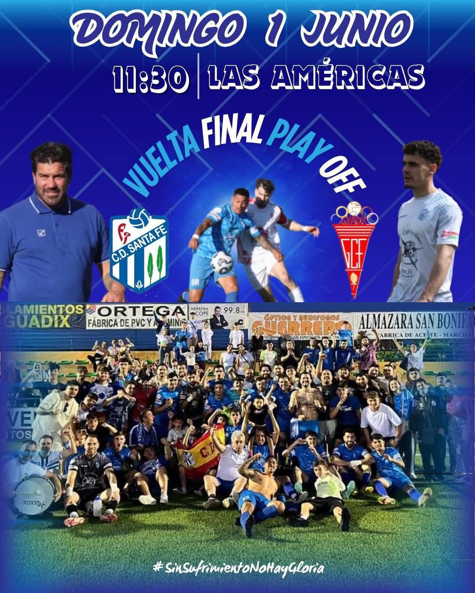 ⚽️IMPORTANTE PARTIDO DEL CD SANTA FE

➡️Mañana, domingo 1 de junio, a las 11:30 horas, se llevará a cabo un importante partido de vuelta de la final del Play Off de Ascenso a División de Honor, que jugará nuestro CD Santa Fe contra el Guadix CF.

#AyuntamientoDeSantaFe