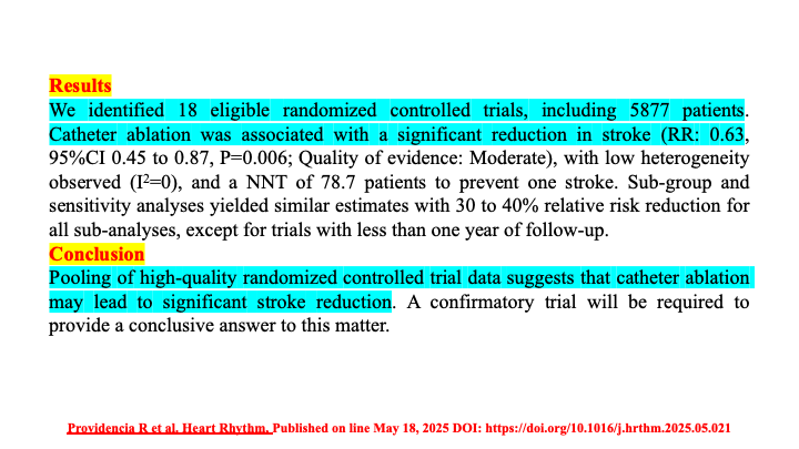 Raviele Antonio (@drraviele) on Twitter photo Metanalysis
📌 Cath ablation of AF compared to AADs
📣 assoc. w/ signif. ⬇️ in stroke (RR: 0.63)
#afib #EPeeps #ablation #stroke #CardioTwitter <a href="/PrashSanders/">Prash Sanders</a> <a href="/Dominik_Linz/">Dominik Linz</a> <a href="/TJaredBunch/">Thomas Jared Bunch</a> <a href="/DrMarthaGulati/">Dr. Martha Gulati ♥️🫀❤️🩹🇨🇦</a> <a href="/DhirajGuptaBHRS/">Prof Dhiraj Gupta</a> <a href="/DrJasonAndrade/">Jason Andrade</a> <a href="/mmamas1973/">Mamas A. Mamas</a> <a href="/SeguraCardio/">Diego Segura-Rodríguez</a> <a href="/Hragy/">Hany Ragy</a> <a href="/JagSinghMD/">Jag Singh</a> Metanalysis
📌 Cath ablation of AF compared to AADs
📣 assoc. w/ signif. ⬇️ in stroke (RR: 0.63)
#afib #EPeeps #ablation #stroke #CardioTwitter <a href="/PrashSanders/">Prash Sanders</a> <a href="/Dominik_Linz/">Dominik Linz</a> <a href="/TJaredBunch/">Thomas Jared Bunch</a> <a href="/DrMarthaGulati/">Dr. Martha Gulati ♥️🫀❤️🩹🇨🇦</a> <a href="/DhirajGuptaBHRS/">Prof Dhiraj Gupta</a> <a href="/DrJasonAndrade/">Jason Andrade</a> <a href="/mmamas1973/">Mamas A. Mamas</a> <a href="/SeguraCardio/">Diego Segura-Rodríguez</a> <a href="/Hragy/">Hany Ragy</a> <a href="/JagSinghMD/">Jag Singh</a>
