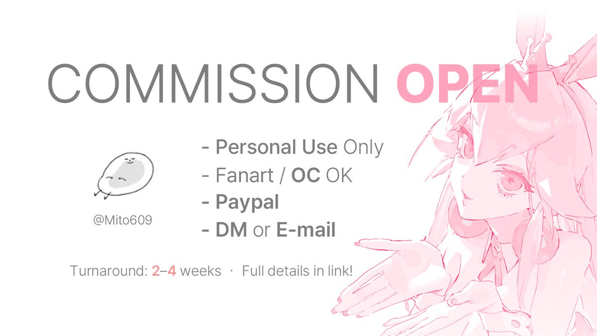 Mito609's tweet image. 🩷NOW COMMISSION OPEN 🩷
Thank you so much for your interest !
Details below 🔽
💗docs.google.com/document/d/1V7…💗
Feel free to DM or email me !