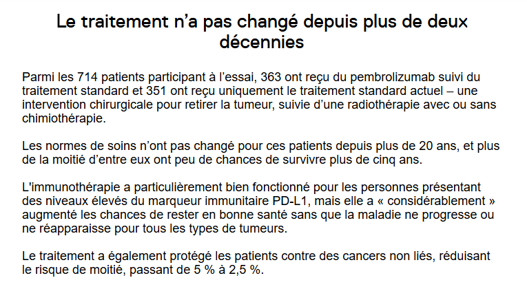 Le pembrolizumab, une immunothérapie très prometteuse qui semble efficace sur divers cancers, double aussi la survie de 30 à au moins 60 mois des patients atteints de cancers de la tête et du cou « localement avancés » (stade III).
bbc.com/news/articles/…
icr.ac.uk/about-us/icr-n…