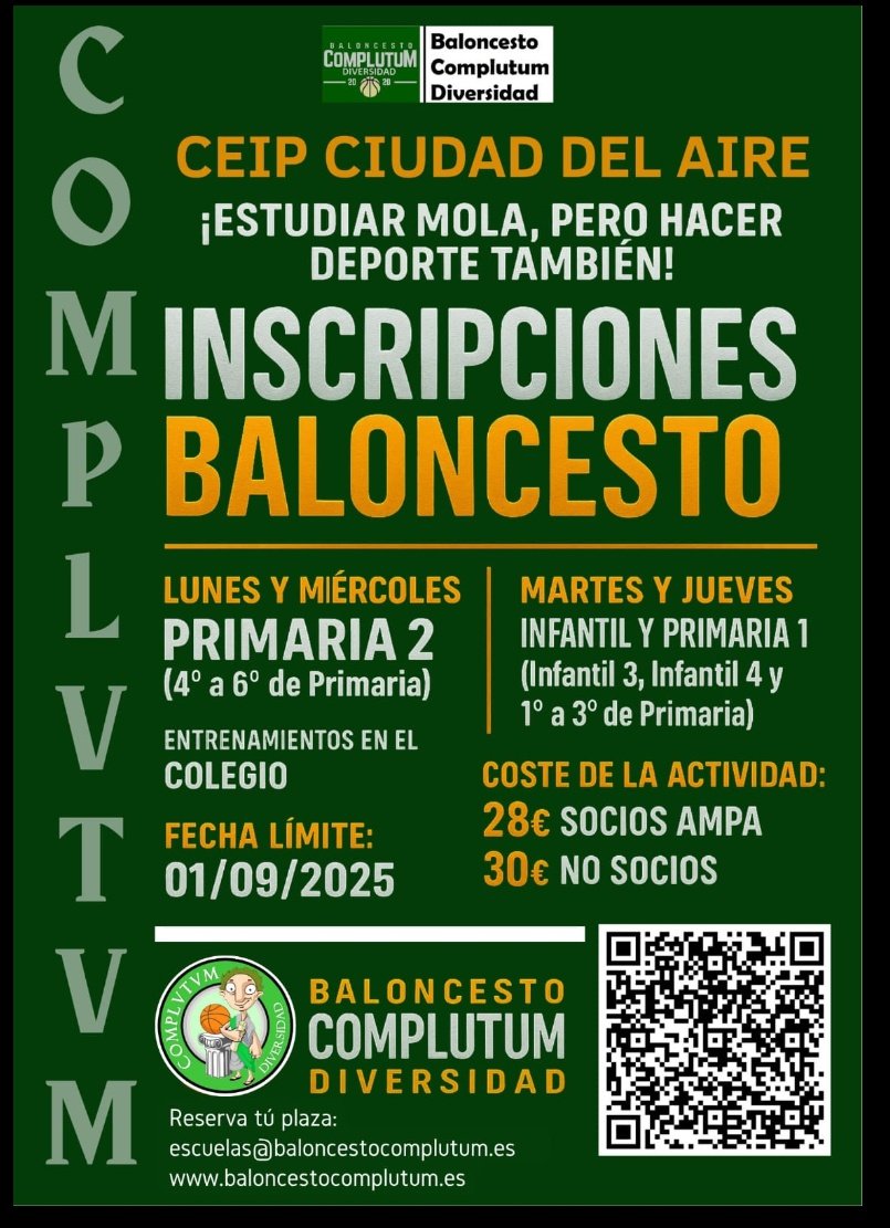 Llega el calor... ¡Pero no paramos! Comienza la preparación para la próxima temporada, no te quedes sin tú plaza --&gt; inscripción: forms.office.com/Pages/Response…
 #baloncestocomplutumdiversidad #complutum #escuelaciudaddelaire #desde2020 @ampaciudaddelaire