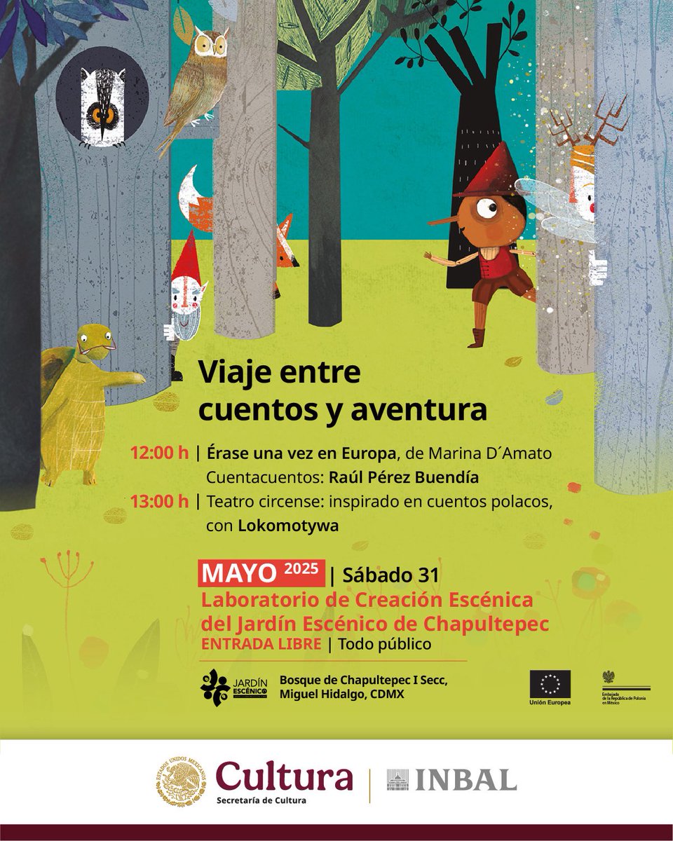 ✨Hoy cerramos el #MesDeEuropa 🇪🇺 con un nuevo viaje entre cuentos y aventura 📚🎭

¡No te lo pierdas!

🗓️ Sábado 31 de mayo
⏰ 12:00 hrs
📍 Laboratorio de Creación Escénica del Jardín Escénico de Chapultepec
🎟️ Entrada libre

¡Te esperamos!