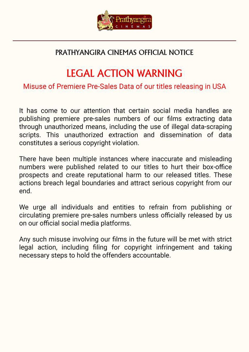 An Indian film distributor in USA will pursue legal action against anyone who publishes box office pre-sale figures.