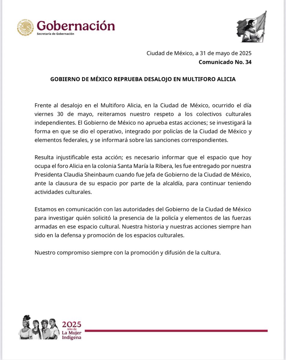 Rosa Icela Rodríguez Velázquez (@rosaicela_) on Twitter photo Ante los hechos ocurridos ayer en el Multiforo Alicia, el <a href="/GobiernoMX/">Gobierno de México</a> informa su absoluto respeto a los colectivos culturales y reprueba el desalojo. Ante los hechos ocurridos ayer en el Multiforo Alicia, el <a href="/GobiernoMX/">Gobierno de México</a> informa su absoluto respeto a los colectivos culturales y reprueba el desalojo.