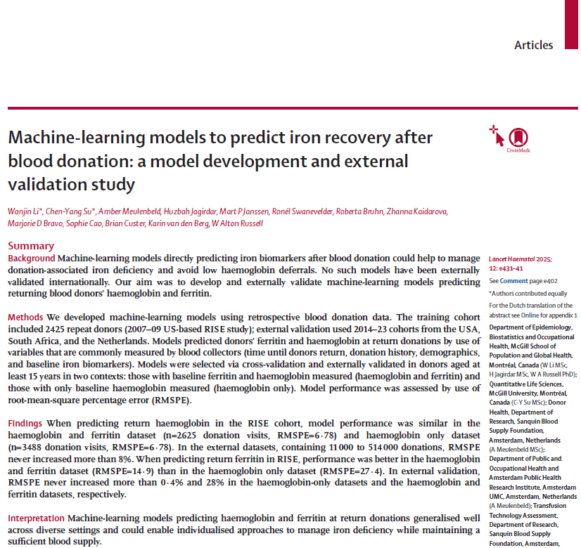chenyangsu's tweet photo. Excited to share my 1st-year PhD rotation work in @TheLancetHaem 

📰https://t.co/PDr3XdGpCR

We used ML to optimize blood donation with models validated in USA, South Africa, and Netherlands

Big thanks to Wanjin and Alton for pushing it through during my return to genomics!

🧵 https://t.co/pNpXIQY5Ac