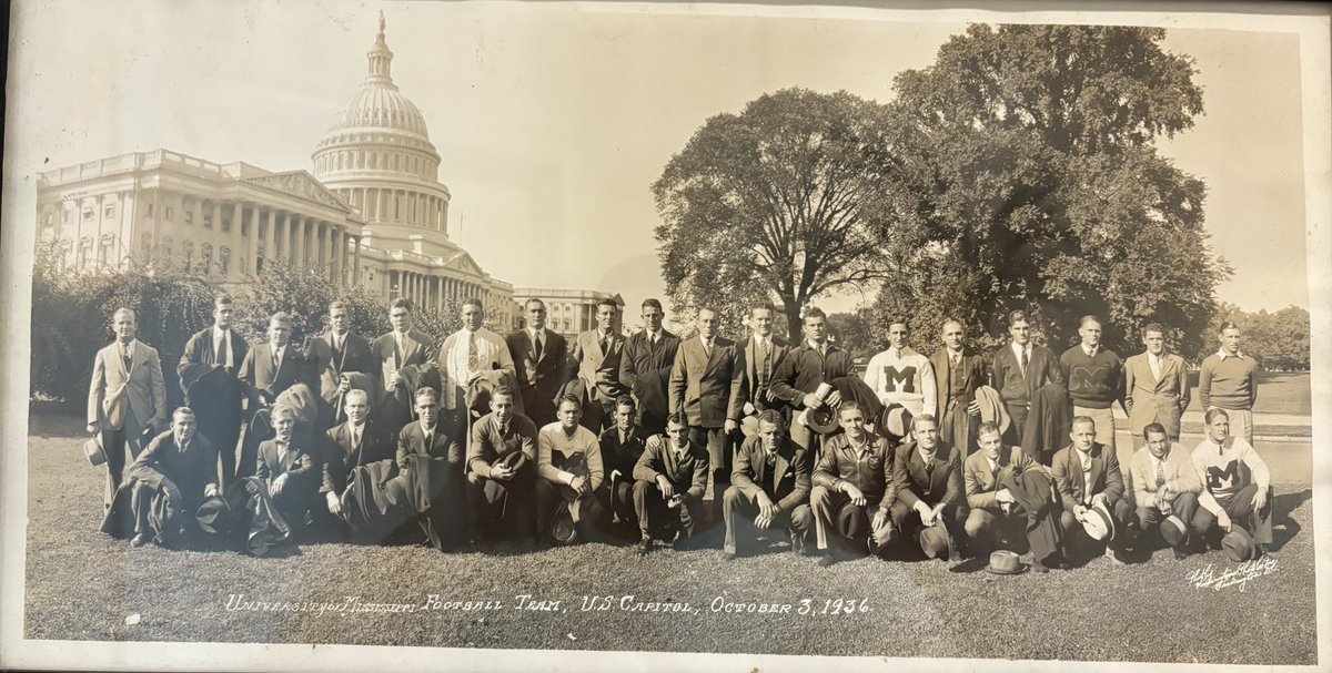brad_touchstone's tweet photo. In 1936, @OleMissFB  traveled to D.C. to play George Washington University. My grandfather, Kimble Bradley, was the quarterback. The game ended in a 0–0 tie, but they stopped at the U.S. Capitol for this incredible team photo. Pawpaw is a charter member of the Ole Miss Athletics Hall of Fame. #HottyToddy #OleMissHistory