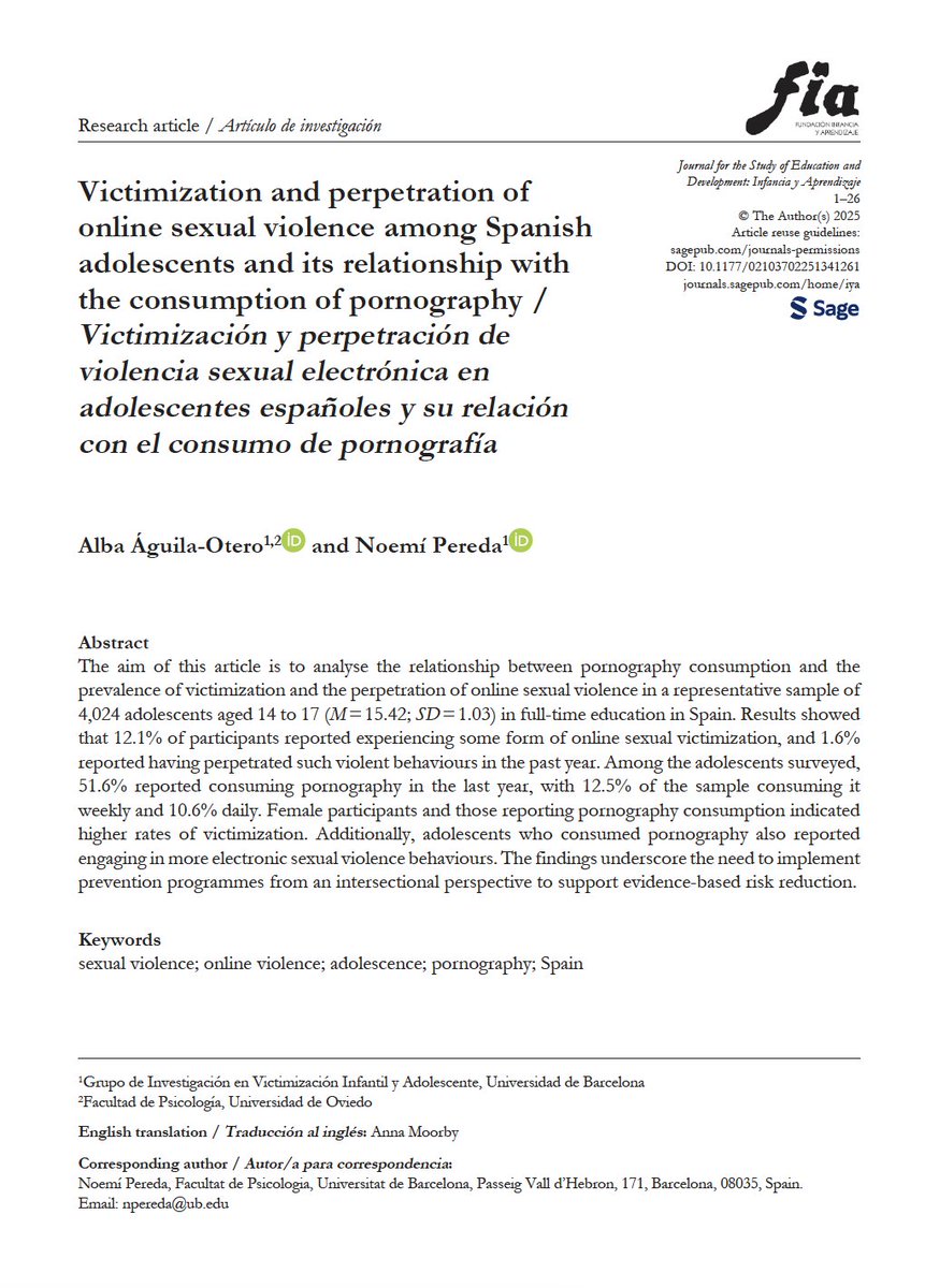 El consumo de pornografía en la adolescencia tiene efectos adversos en el desarrollo de actitudes y conductas sexuales y presenta una relación significativa con las experiencias de victimización y perpetración de violencia sexual electrónica. 

journals.sagepub.com/doi/10.1177/02…