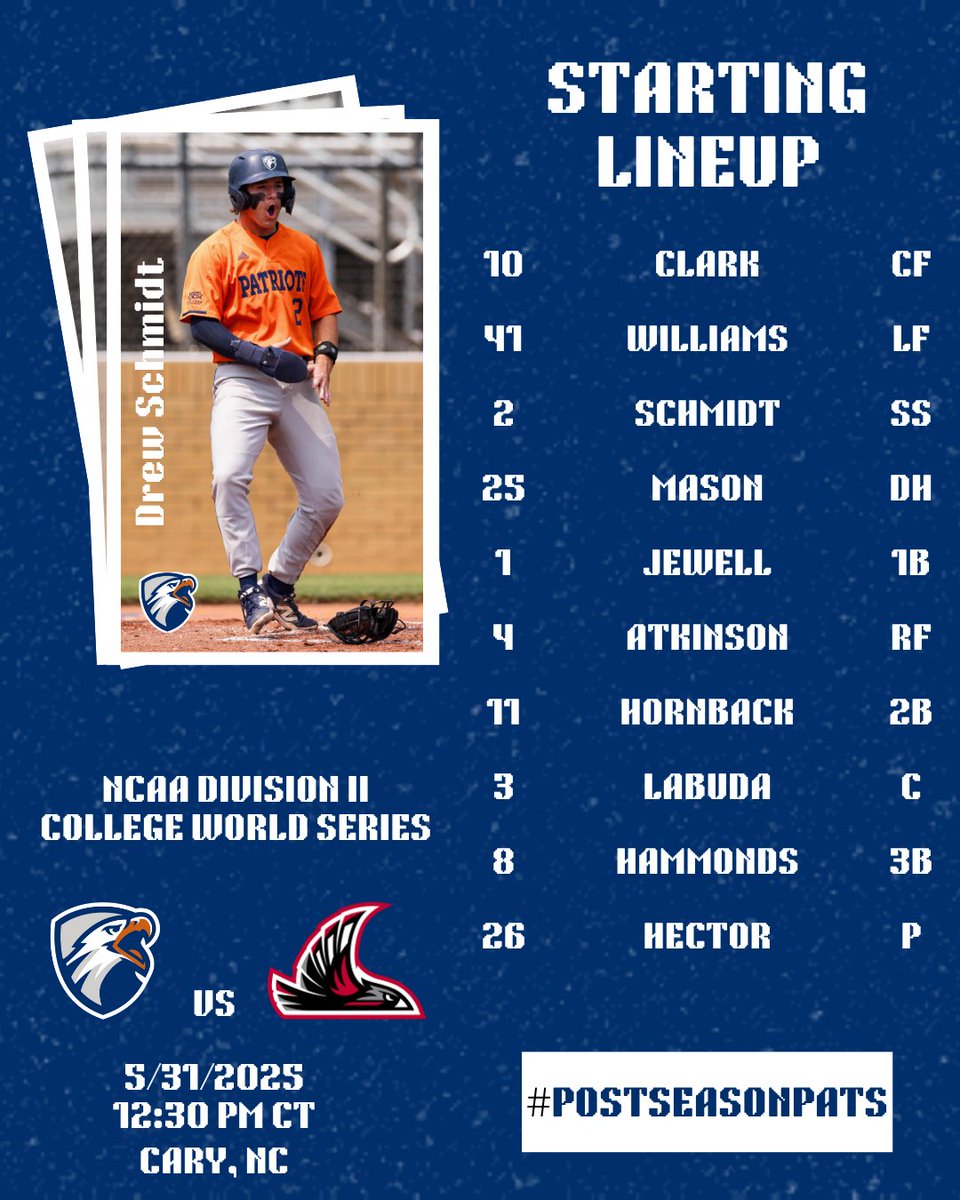 WORLD SERIES TIME!

The #POSTSEASONPATS will take the field in Cary, NC against the Nighthawks of Northwest Nazarene University for the first DII Championship action in program history!

First Pitch scheduled for 12:30 CT

📺 &amp; 📊: tinyurl.com/3unmsju9