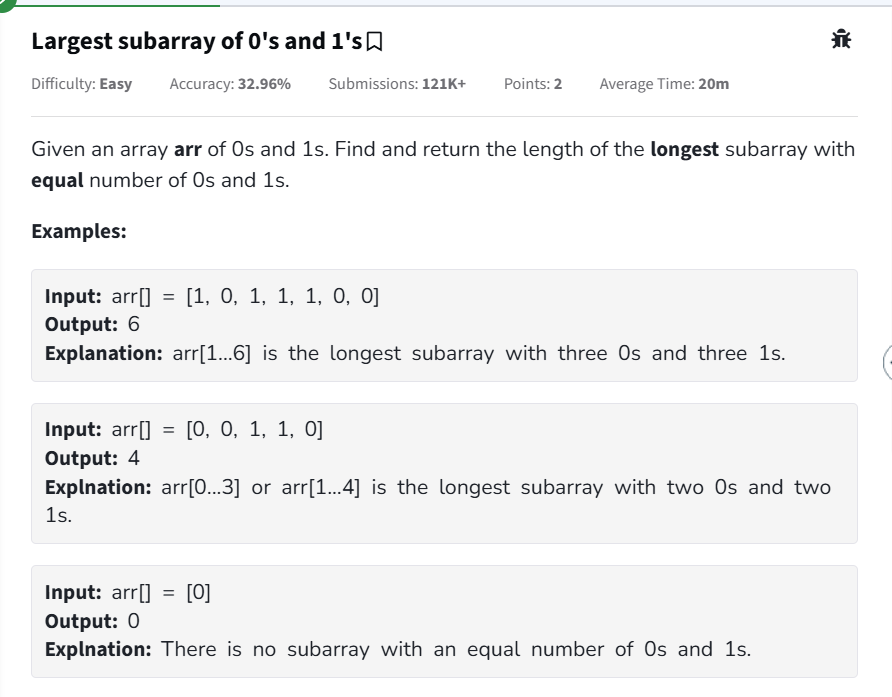 Shashank8839's tweet photo. 📍 Day 63 of #geekstreak2025 | #gfg160 
🔍 Problem: Largest Subarray with Equal 0s and 1s
💚 Inspired by @geeksforgeeks 
#geeksforgeeks #binaryarray #prefixsumlogic #hashmaptrick #javascript #dsa #interviewprep https://t.co/Po4LpIieqd