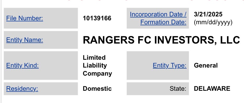 RFC_Michael_'s tweet image. Two other Rangers FC LLC’s have been registered in Delaware. 👇
