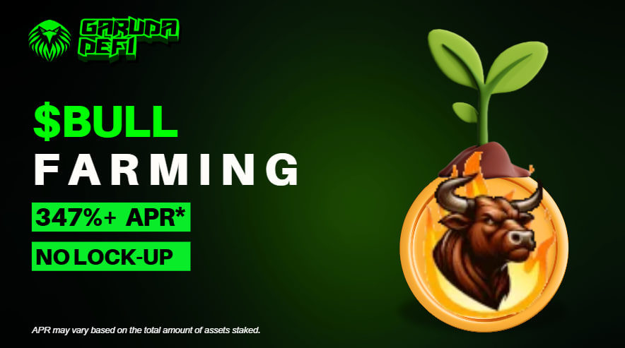 $BULL farming LIVE on Garuda DeFi!
🔥  APR now at 347%+
🔓 No lock-up
Provide - stake your LPs &amp; start to harvest sweet rewards daily!  

🔁 Swap garuda-defi.org/market/terra1u…
🚰 Provide LP garuda-defi.org/swap
🌱 Farming garuda-defi.org/farms

#LUNC #DeFi  <a href="/Bull_Lunc4live/">🔥 Bull Lunc</a>