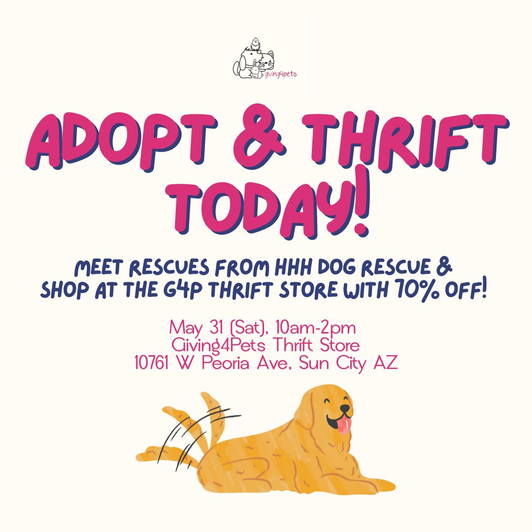 Join us today from 10am-2pm for our Adopt &amp; Thrift event at the Giving4Pets Thrift Store! Meet rescues from Heeling Heelers Hearts Dog Rescue looking to be adopted! 🐶❤️ We are also hosting a BBQ, 50/50 raffle, &amp; 70% off sale storewide 🛍️🎉😱

📍10761 W Peoria Ave, Sun City AZ