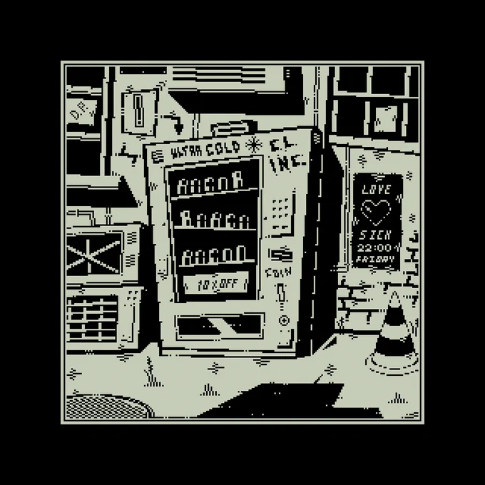 Made some fixes at this work - removed sign, it was taking too much space, and switched palette to Vinik. 
Alley.
#pixelart #1bit 