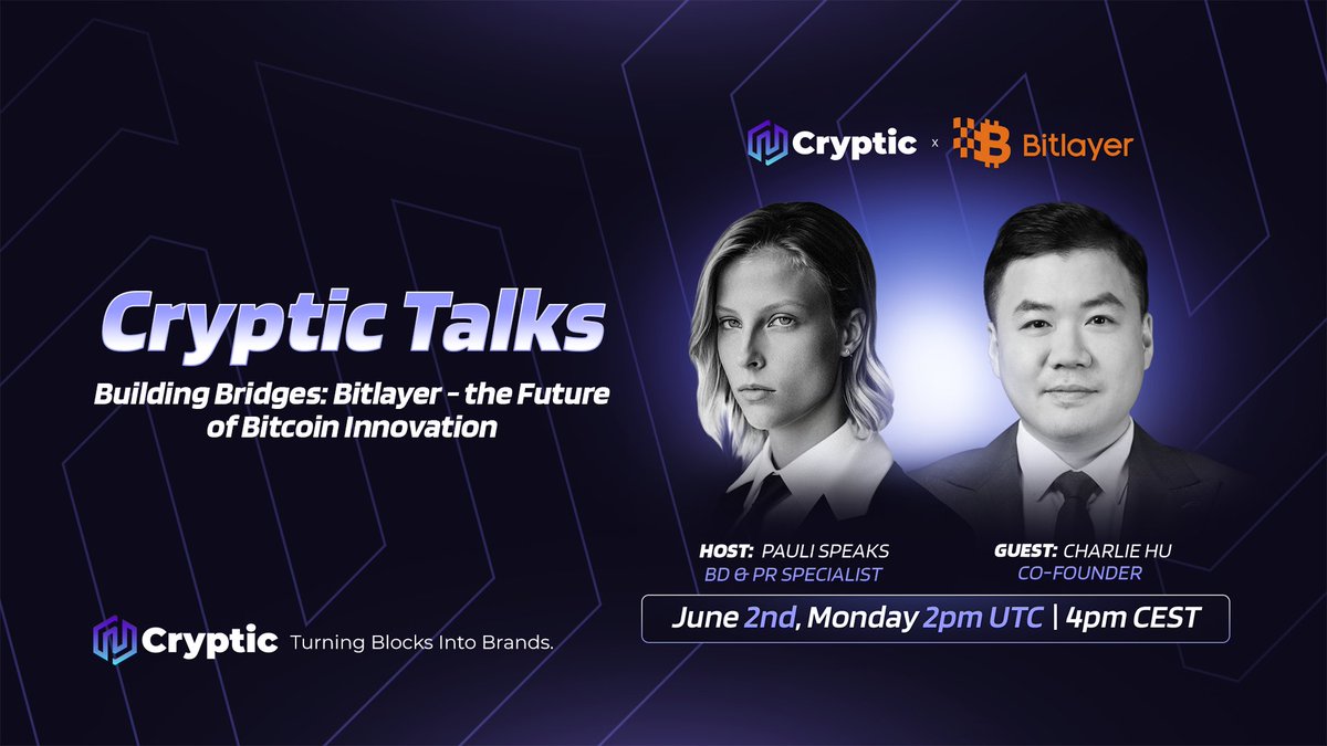 Cryptic (@cryptic_web3) on Twitter photo ποΈ Cryptic Talks with <a href="/BitlayerLabs/">Bitlayer BitVM</a>! ποΈ
Building Bridges: Bitlayer - the Future of Bitcoin Innovation
ποΈ Date: Monday, June 2nd
β° Time: 02:00 PM UTC / 04:00 PM CEST
Host: <a href="/pauli_speaks/">Pauli</a>, BD & PR Specialist at Cryptic
Guest: <a href="/CharlieHusats/">CharlieHu.sats</a>, Co-founder at Bitlayer Labs
Link: ποΈ Cryptic Talks with <a href="/BitlayerLabs/">Bitlayer BitVM</a>! ποΈ
Building Bridges: Bitlayer - the Future of Bitcoin Innovation
ποΈ Date: Monday, June 2nd
β° Time: 02:00 PM UTC / 04:00 PM CEST
Host: <a href="/pauli_speaks/">Pauli</a>, BD & PR Specialist at Cryptic
Guest: <a href="/CharlieHusats/">CharlieHu.sats</a>, Co-founder at Bitlayer Labs
Link: