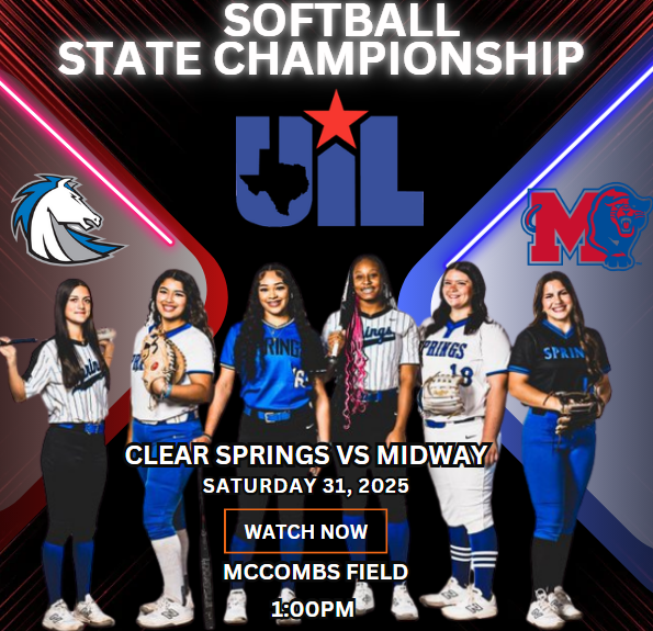 Texas UIL SPORTS (@texasuil_sport) on Twitter photo 🏆🥎 STATE CHAMPIONSHIPS🏆
Clear Springs vs Midway
📺 bit.ly/4kcSFT4
📅 Saturday 31
⏰ 4p.
📍McCombs Field
<a href="/SpringsSoftball/">CSHS Softball</a> <a href="/garcia_erianna/">Erianna Garcia</a> <a href="/ClearSpringsHS/">Clear Springs HS</a> <a href="/CoachHairfield/">Chris Hairfield</a> <a href="/KarenEngle/">Karen Engle</a> <a href="/MakenzieNThomas/">Makenzie Thomas 2028</a> <a href="/KarenEngle/">Karen Engle</a> <a href="/coach_renfro/">Coach Renfro</a> <a href="/AnnalisaPullig/">Lisa Pullig</a> <a href="/EmilyStrever/">Emily Strever 2026</a> 🏆🥎 STATE CHAMPIONSHIPS🏆
Clear Springs vs Midway
📺 bit.ly/4kcSFT4
📅 Saturday 31
⏰ 4p.
📍McCombs Field
<a href="/SpringsSoftball/">CSHS Softball</a> <a href="/garcia_erianna/">Erianna Garcia</a> <a href="/ClearSpringsHS/">Clear Springs HS</a> <a href="/CoachHairfield/">Chris Hairfield</a> <a href="/KarenEngle/">Karen Engle</a> <a href="/MakenzieNThomas/">Makenzie Thomas 2028</a> <a href="/KarenEngle/">Karen Engle</a> <a href="/coach_renfro/">Coach Renfro</a> <a href="/AnnalisaPullig/">Lisa Pullig</a> <a href="/EmilyStrever/">Emily Strever 2026</a>
