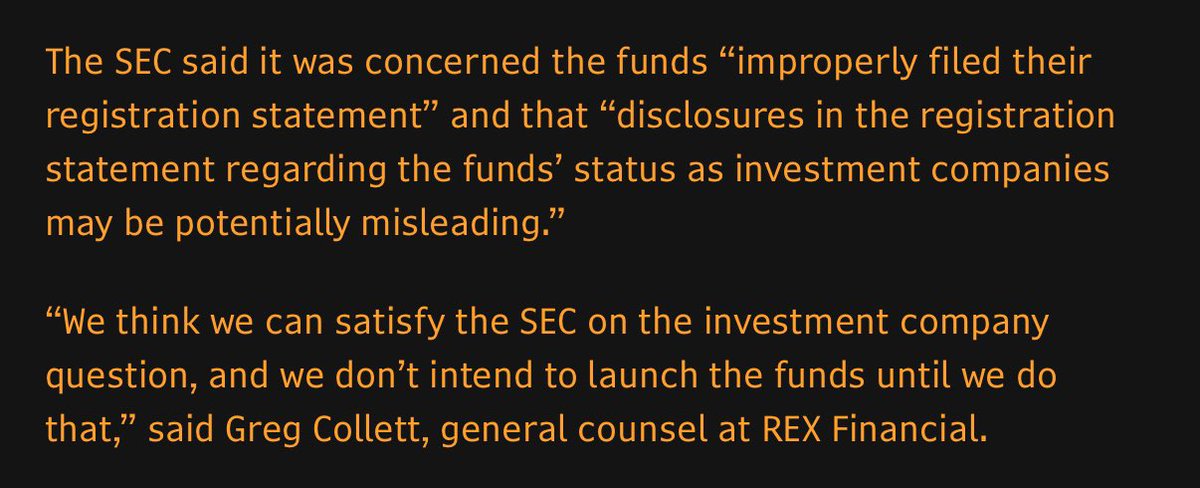 Eric Balchunas (@ericbalchunas) on Twitter photo Update: SEC sent letter to REX last night saying it was concerned SEC improperly filed. REX lawyer says they can work it out. Feels a bit like the $PRIV situation. Issuers pushing envelope hard in effort to get first to mkt. Saturday scoop from <a href="/isabelletanlee/">Isabelle Lee</a> Update: SEC sent letter to REX last night saying it was concerned SEC improperly filed. REX lawyer says they can work it out. Feels a bit like the $PRIV situation. Issuers pushing envelope hard in effort to get first to mkt. Saturday scoop from <a href="/isabelletanlee/">Isabelle Lee</a>