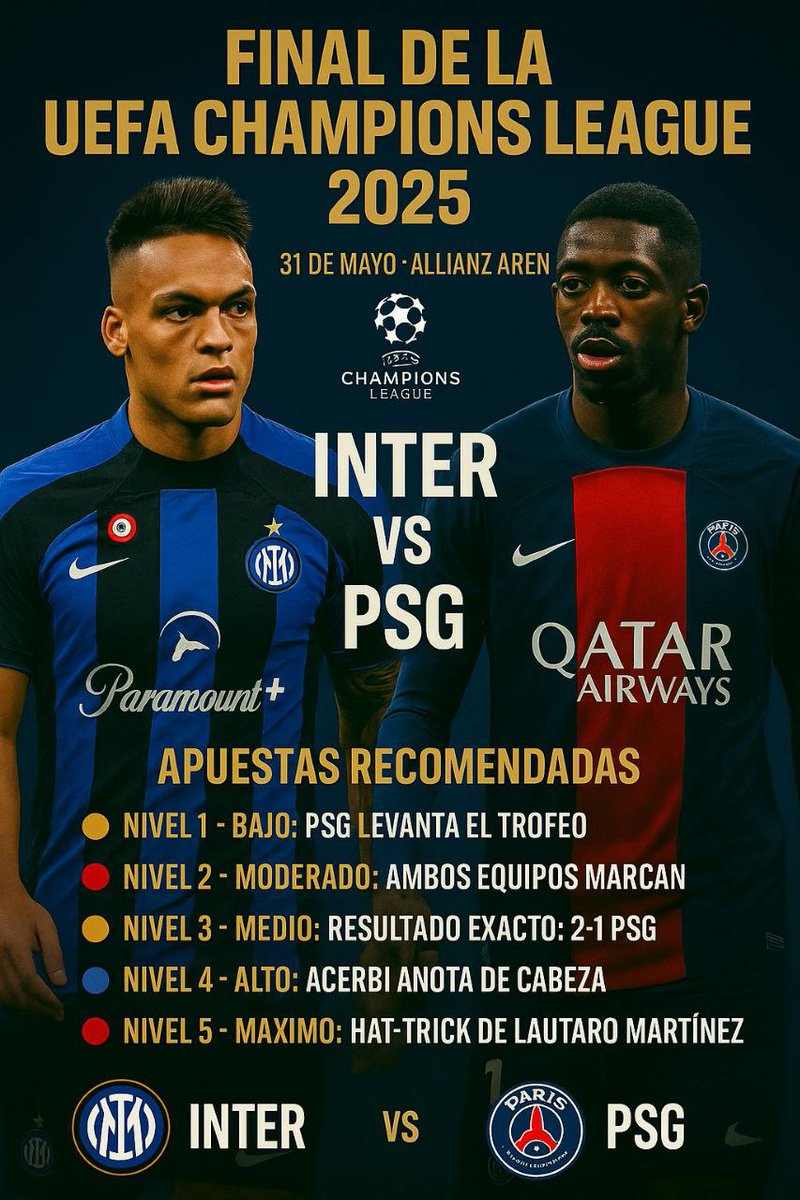 PiackPronostic's tweet photo. 🎯 ¡FINAL CHAMPIONS!
INTER 🆚 PSG – Hoy en el Allianz Arena
🔥 Picks PIACKS:
✅ Ambos marcan
⚽️ Hat-trick de Lautaro si estás loco 😈

📲 https://t.co/E7ugOlGEJK
#InterPSG #ChampionsLeague #FinalUCL #PIACKS #PronósticosFútbol #UEFA2025 https://t.co/s7plv7mOjR