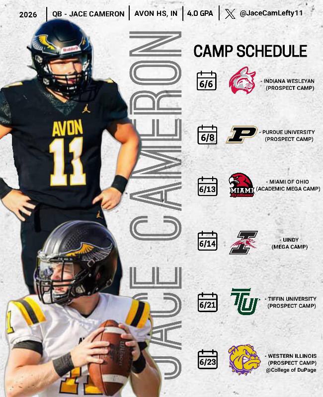 @JaceCameron 2026 Dual Threat QB (@jacecamlefty11) on Twitter photo ⛺️ Camp Season 🎯Looking forward to competing at each stop! <a href="/QBHitList/">QBHitList.com</a> <a href="/AvonFBOrioles/">Avon Football</a> <a href="/AvonQBClub/">Avon QB Club</a> <a href="/RobGibsonHC/">Rob Gibson</a> <a href="/CoachCam_CamQBs/">Grant Cameron CamQBs</a> <a href="/Orioles_AD/">Avon High School Athletic Director</a> <a href="/IndianaPreps/">Indiana Preps</a> <a href="/QBUniverseQBU/">QBUniverse</a> <a href="/PrepRedzoneIN/">Prep Redzone Indiana</a> <a href="/Coach_Cush/">Jaylen Cushenberry</a> <a href="/Coach_Rode/">Andrew Rode</a> <a href="/travispalmer7_/">Travis Palmer</a> <a href="/CoachHinshaw/">Darin Hinshaw</a> <a href="/Coach_Odom/">Barry Odom</a> <a href="/MiamiOHFootball/">Miami Football</a> <a href="/A_Ragland14/">Gus Ragland</a> ⛺️ Camp Season 🎯Looking forward to competing at each stop! <a href="/QBHitList/">QBHitList.com</a> <a href="/AvonFBOrioles/">Avon Football</a> <a href="/AvonQBClub/">Avon QB Club</a> <a href="/RobGibsonHC/">Rob Gibson</a> <a href="/CoachCam_CamQBs/">Grant Cameron CamQBs</a> <a href="/Orioles_AD/">Avon High School Athletic Director</a> <a href="/IndianaPreps/">Indiana Preps</a> <a href="/QBUniverseQBU/">QBUniverse</a> <a href="/PrepRedzoneIN/">Prep Redzone Indiana</a> <a href="/Coach_Cush/">Jaylen Cushenberry</a> <a href="/Coach_Rode/">Andrew Rode</a> <a href="/travispalmer7_/">Travis Palmer</a> <a href="/CoachHinshaw/">Darin Hinshaw</a> <a href="/Coach_Odom/">Barry Odom</a> <a href="/MiamiOHFootball/">Miami Football</a> <a href="/A_Ragland14/">Gus Ragland</a>