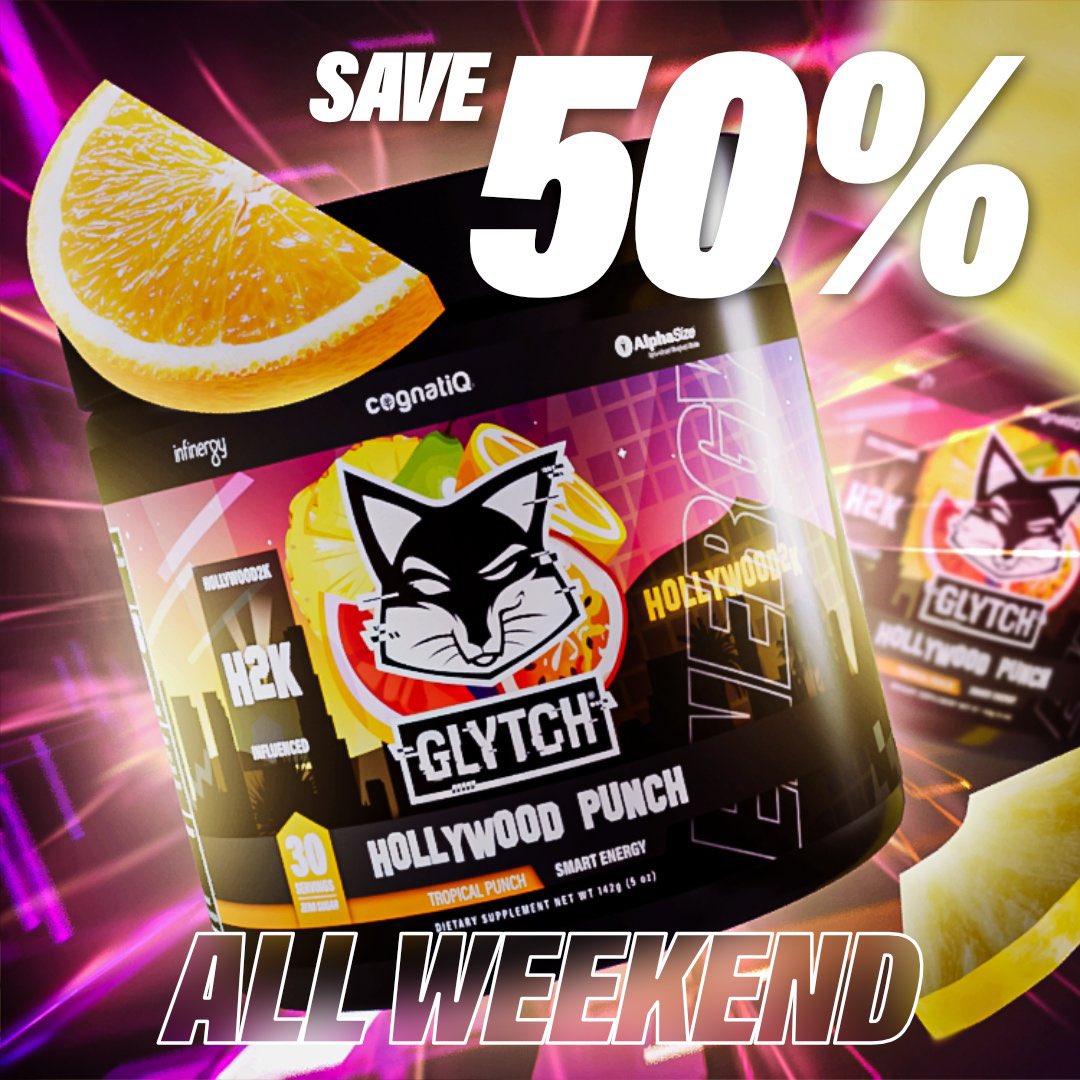 The star studded Hollywood Punch is on a crazy 50% off discount this weekend! 🤩

Head over to the <a href="/GLYTCHEnergy/">GLYTCH Energy</a> website and get yourself a tub! This tropical punch flavor inspired by Hollywood2K is a blockbuster you don’t want to miss 🦊⬇️