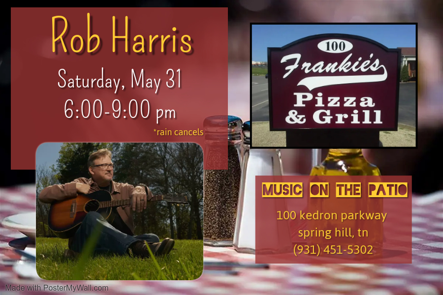 robharrismusic's tweet photo. Live music TONIGHT (Saturday, 5/31) on the patio at Frankie's Pizza &amp; Grill in Spring Hill, TN. 6:00-9:00 pm. https://t.co/H3dRzxC23n