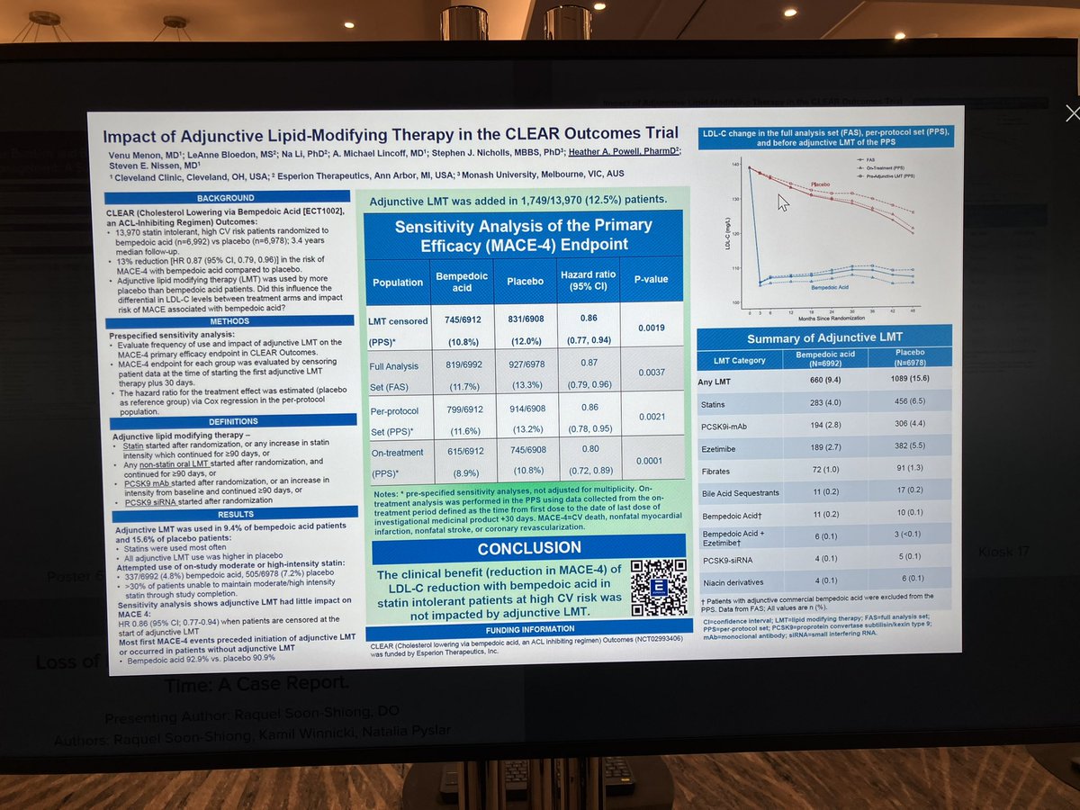 tmodarressi's tweet image. “Drop-in” use of other lipid-lowering therapies remains a key challenge in modern lipid trials. At #NLASessions, a poster on $ESPR CLEAR-Outcomes clarifies the extent of drop-in and suggests minimal impact on the primary outcome.
