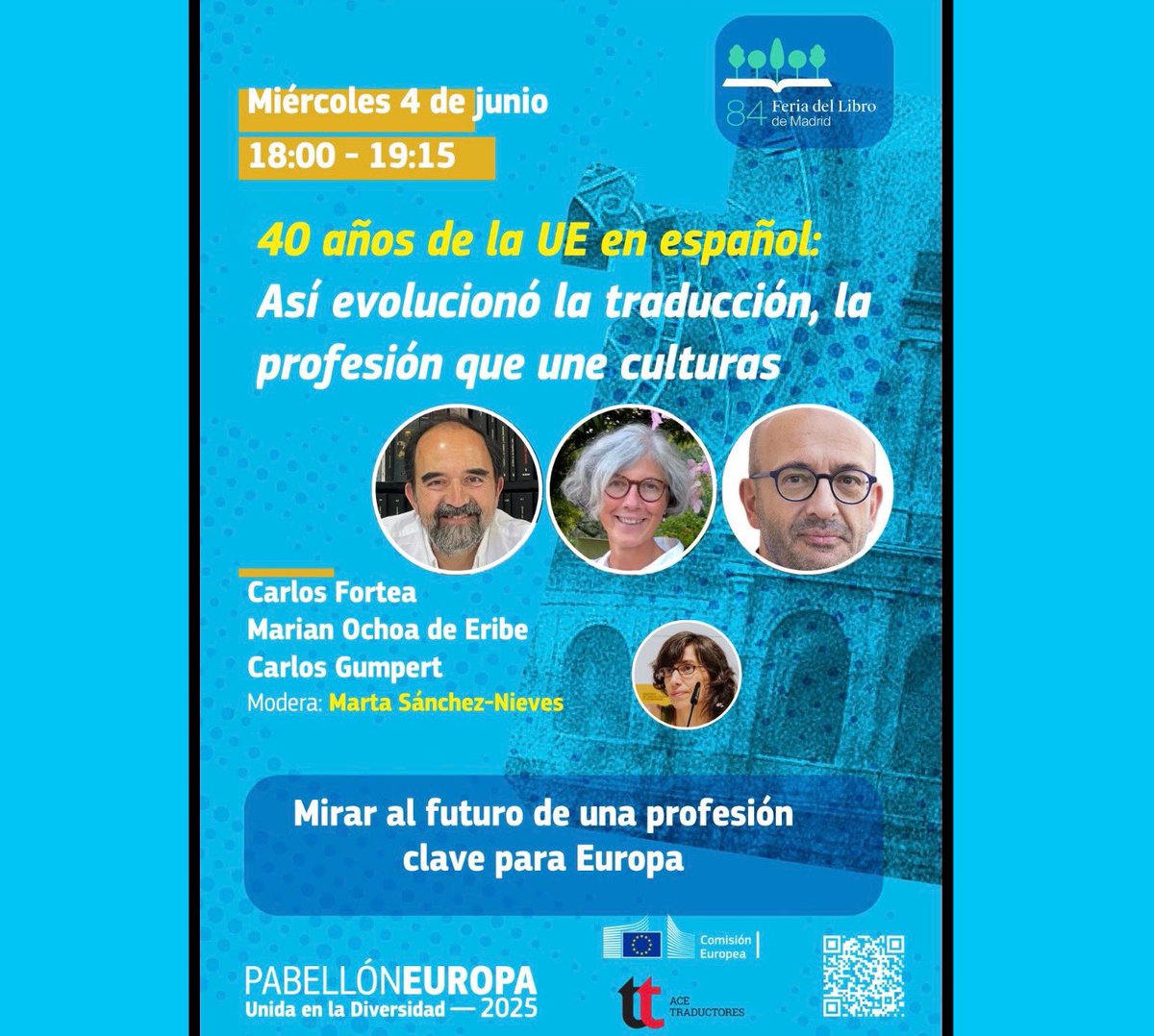 Fernando A. Navarro (@navarrotradmed) on Twitter photo Mesa redonda
«40 años de la UE🇪🇺 en español: Así evolucionó la traducción, la profesión que une culturas»
Madrid🇪🇸: <a href="/acetraductores/">ACE Traductores</a> <a href="/ComisionEuropea/">Comisión Europea en España</a> <a href="/FLMadrid/">Feria del Libro de Madrid</a>, 4 de junio. Mesa redonda
«40 años de la UE🇪🇺 en español: Así evolucionó la traducción, la profesión que une culturas»
Madrid🇪🇸: <a href="/acetraductores/">ACE Traductores</a> <a href="/ComisionEuropea/">Comisión Europea en España</a> <a href="/FLMadrid/">Feria del Libro de Madrid</a>, 4 de junio.