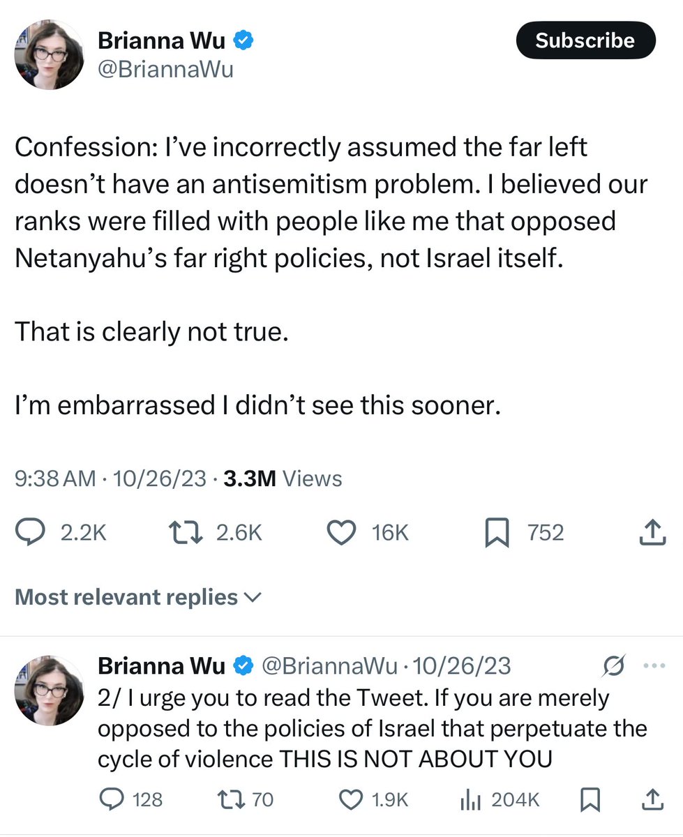 Alan R. Levy (@alanesque) on Twitter photo Important to note <a href="/BriannaWu/">Brianna Wu</a>’s transformation (pun intended) regarding Antisemitism arose because the Jew-Hating left revealed themselves mere hours after 10/7, before Israel even responded. She didn’t abandon her lefty position. She merely noticed how many Jew Haters there were. Important to note <a href="/BriannaWu/">Brianna Wu</a>’s transformation (pun intended) regarding Antisemitism arose because the Jew-Hating left revealed themselves mere hours after 10/7, before Israel even responded. She didn’t abandon her lefty position. She merely noticed how many Jew Haters there were.