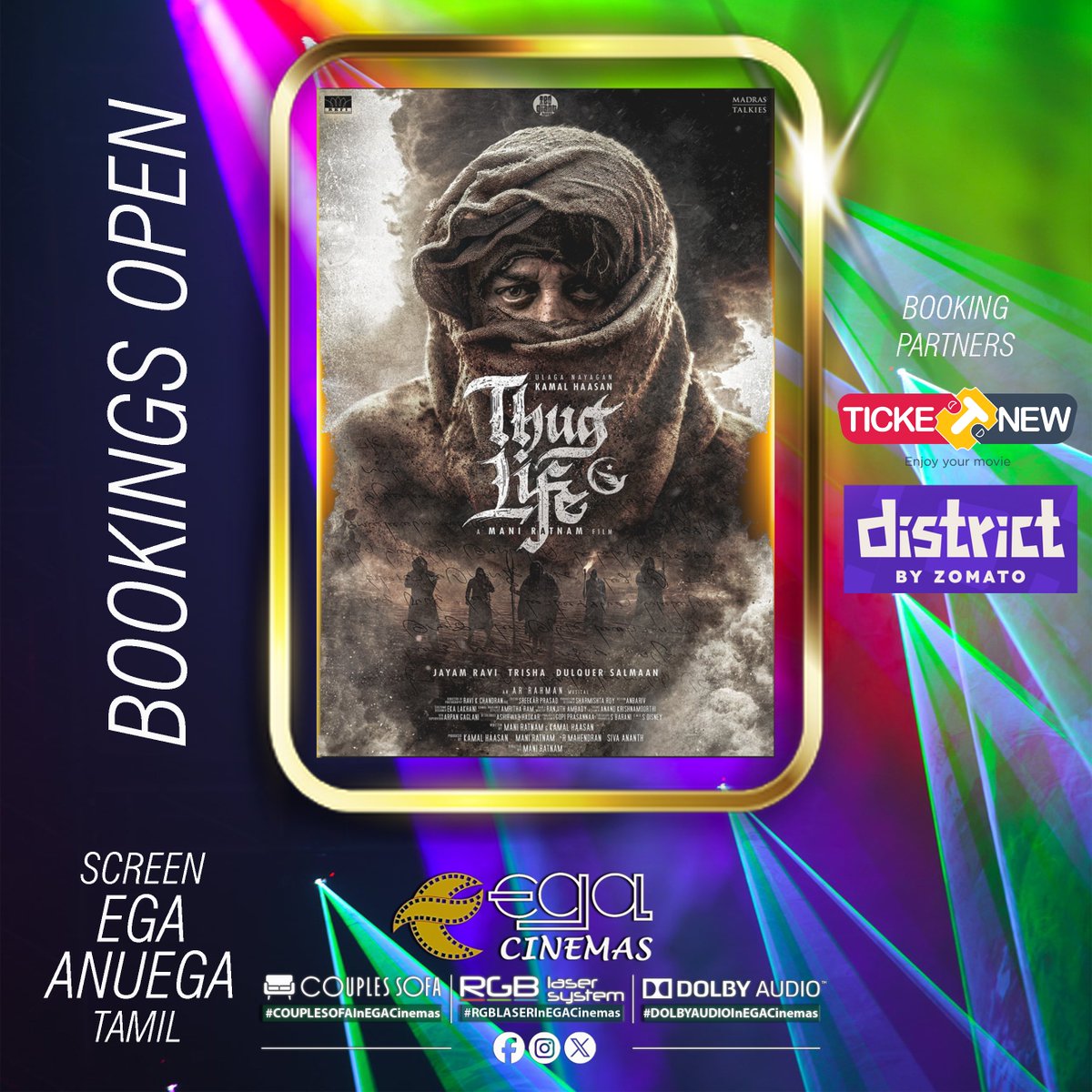 EGACinemas's tweet photo. #ThugLife
#KamalHaasan #SilambarasanTR #ARRAHMAN
#ManiRatnam #TrishaKrishnan #ashokselvan
BOOKINGS OPEN @ COUNTER & ONLINE
#EGACinemas
#COUPLESSOFA | #RGBLASER | #DOLBYAUDIO
Link : https://t.co/quOCcv0Leo https://t.co/xMu7hqyhxI