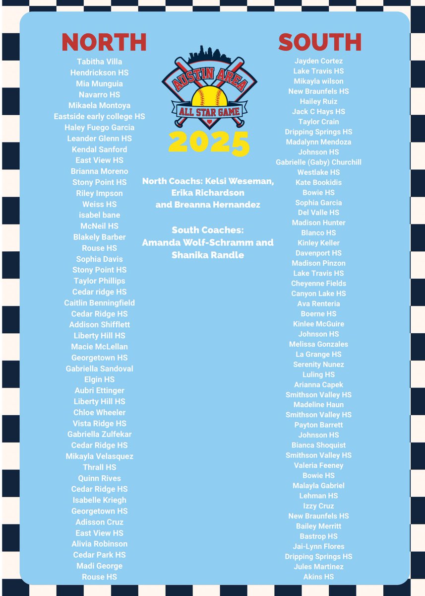 We are pleased to announce the roster for the 25th Annual Austin Area All Star game! Come see these phenomenal players compete on June 4th, 7pm at Dripping Springs HS!