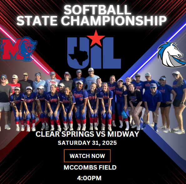 Texas UIL SPORTS (@texasuil_sport) on Twitter photo 🏆🥎 STATE CHAMPIONSHIPS🏆
Clear Springs vs Midway
📺 bit.ly/4kcSFT4
📅 Saturday 31
⏰ 4p.
📍McCombs Field
<a href="/MidwayPanthers/">Midway Athletics</a> <a href="/MidwayISD/">Midway ISD</a> <a href="/MidwayHS/">Midway High School</a> <a href="/PeytonPhilipp/">Peyton Philipp 2027</a> <a href="/LaneeBrown07/">Lanee Brown</a> <a href="/camrync2026/">Camryn Carter</a> <a href="/Natalia071207/">Natalia Hernandez</a> <a href="/JoshuaDWillis13/">Joshua Willis</a> <a href="/KaeganRenee/">coach k</a> <a href="/HoffmanHayden/">Hayden Hoffman</a> <a href="/hayden_wall/">Hayden Wall</a> 🏆🥎 STATE CHAMPIONSHIPS🏆
Clear Springs vs Midway
📺 bit.ly/4kcSFT4
📅 Saturday 31
⏰ 4p.
📍McCombs Field
<a href="/MidwayPanthers/">Midway Athletics</a> <a href="/MidwayISD/">Midway ISD</a> <a href="/MidwayHS/">Midway High School</a> <a href="/PeytonPhilipp/">Peyton Philipp 2027</a> <a href="/LaneeBrown07/">Lanee Brown</a> <a href="/camrync2026/">Camryn Carter</a> <a href="/Natalia071207/">Natalia Hernandez</a> <a href="/JoshuaDWillis13/">Joshua Willis</a> <a href="/KaeganRenee/">coach k</a> <a href="/HoffmanHayden/">Hayden Hoffman</a> <a href="/hayden_wall/">Hayden Wall</a>