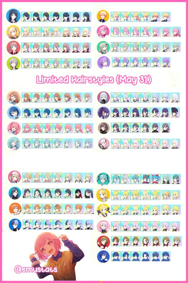 emustats's tweet image. ALL Limited Hairstyles : May 31
Kohane, Toya, and Miku just got hairstyles!
#プロセカ #prsktwt