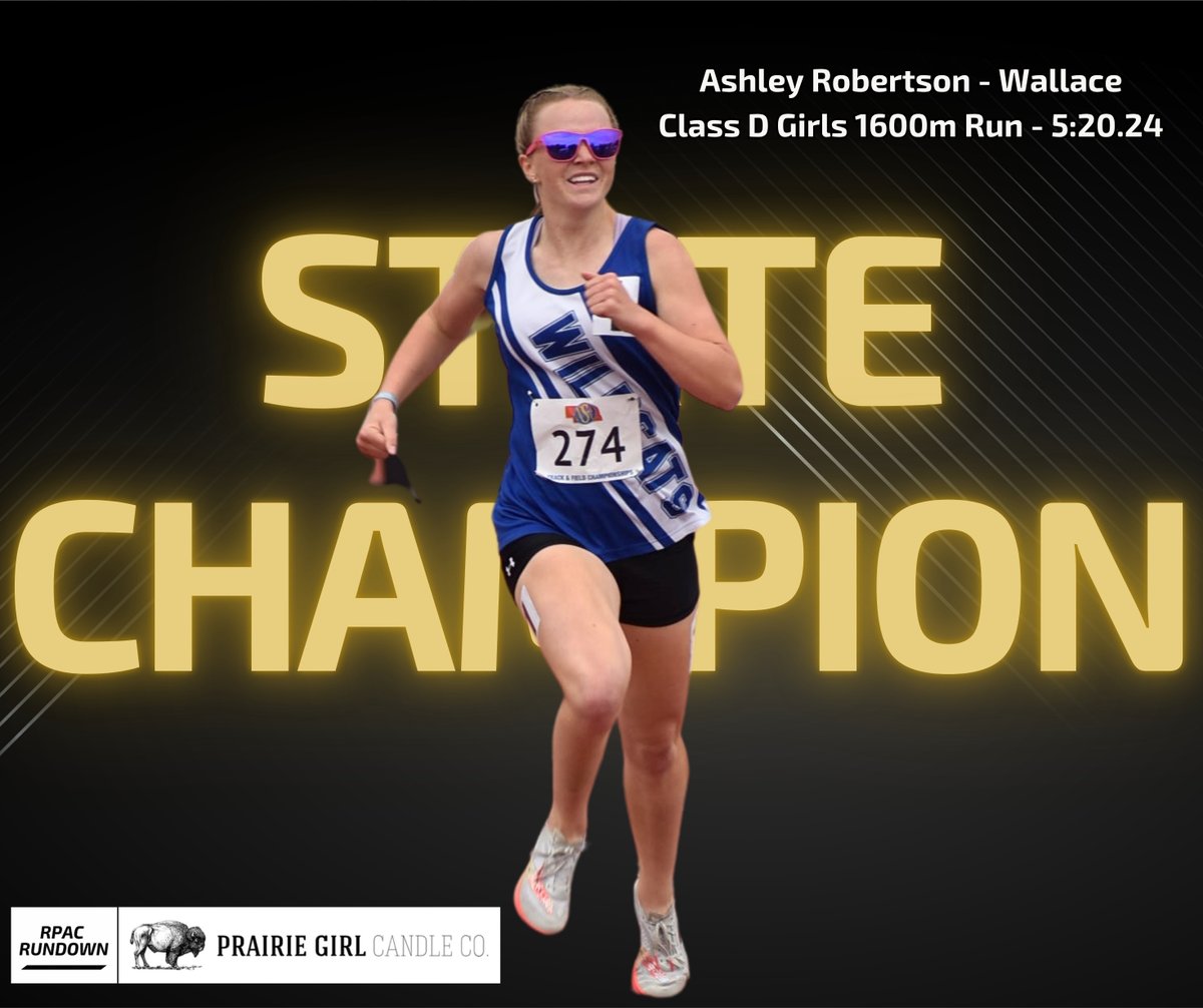 🥇Congratulations to Ashley Robertson of <a href="/WallaceSchools/">Wallace Wildcats</a>  on her Class D Gold Medal in the 1600-meter run with a time of 5:20.24! 🥇

Our Track and Field State Champion graphics are brought to you by Prairie Girl Candle Co.

#rpacrundown