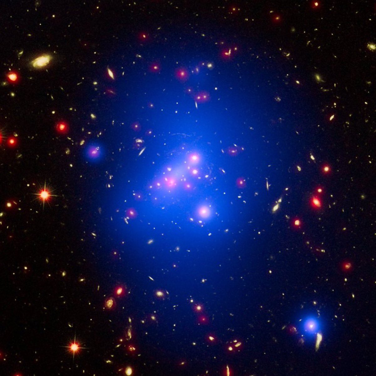 Galaxy clusters are the largest known structures in the Universe that are bound together by gravity.

These unbelievably massive and vast clusters consist of hundreds to thousands of galaxies.

A typical galaxy cluster contains a mix of galaxies, hot gas, and dark matter. But the