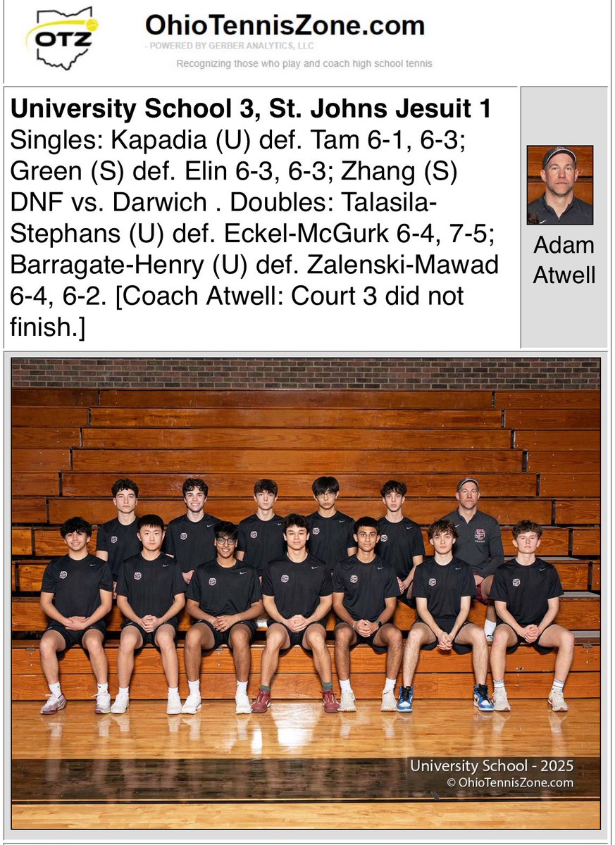 Here’s the result of the University School vs St. John’s Jesuit match. US won 3-1. US will face Mason in the finals.
