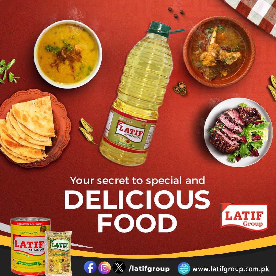 LatifGroup1's tweet photo. Zaiqa jo banaye har dish ko yaadgar — Latif Cooking Oil ka kamaal!
#SuperLatifCookingOil #LatifBanaspatiGhee #LatifGroup #Tasty #Healthy https://t.co/Y9mwThaf9F